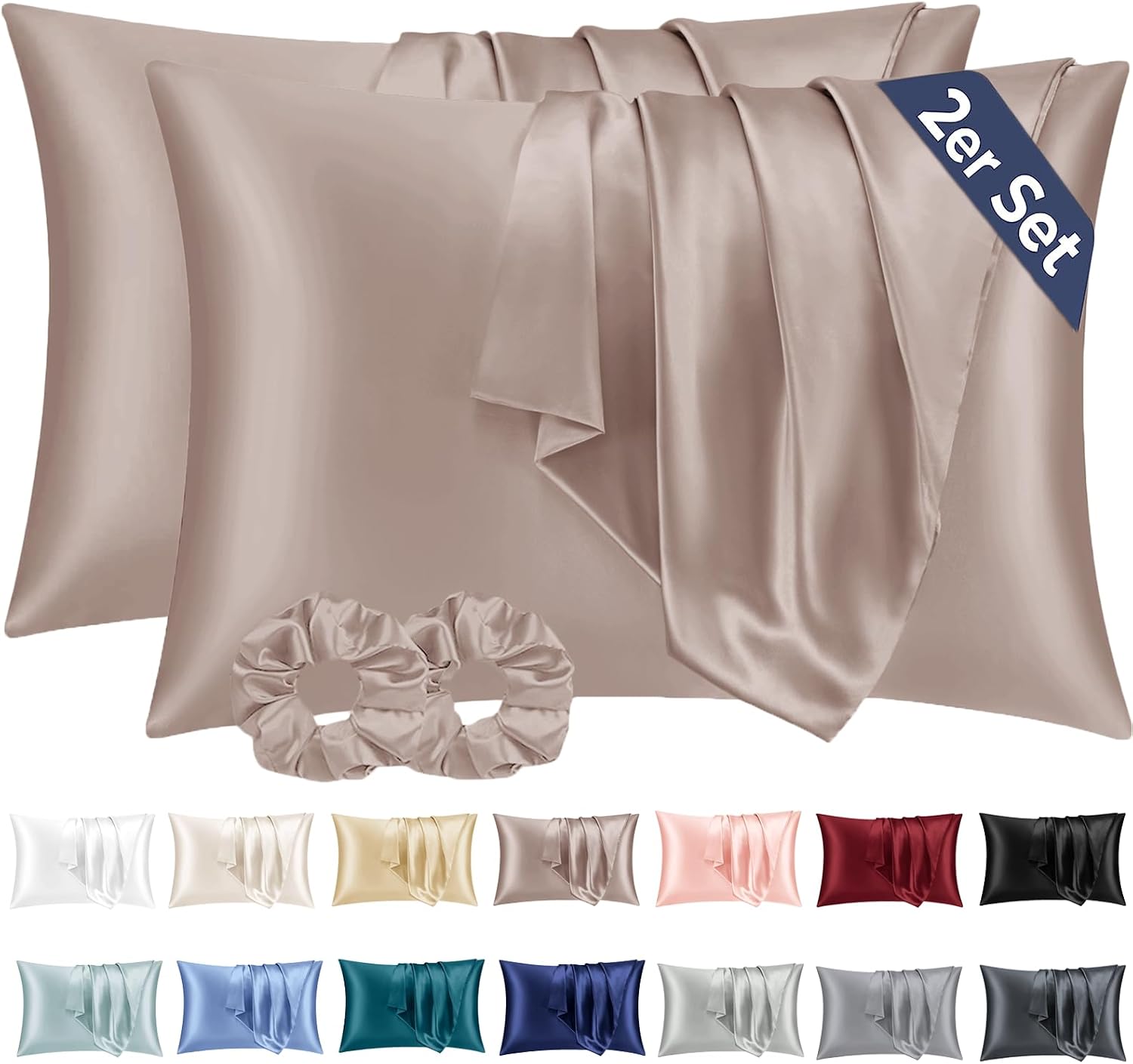Detalle de Vielit Satin Kissenbezug 40 x 80 Braun – 2er Set, weiches Seiden-Feeling, Haar- und Hautschutz inkl. Haargummis