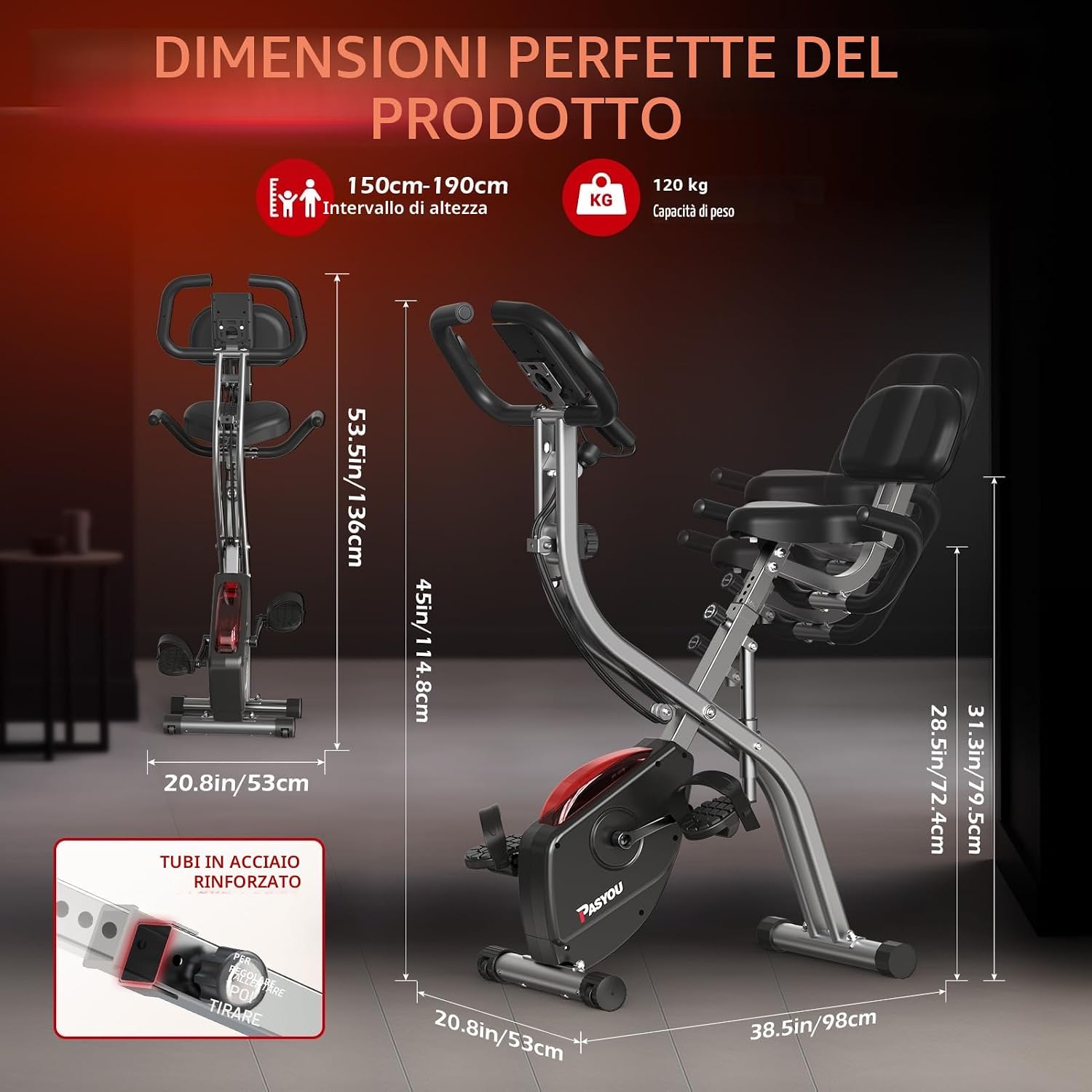 Detalle 2 de PASYOU Cyclette Pieghevole 3 in 1: Cyclette domestica con resistenza magnetica, monitor LCD e sedile regolabile