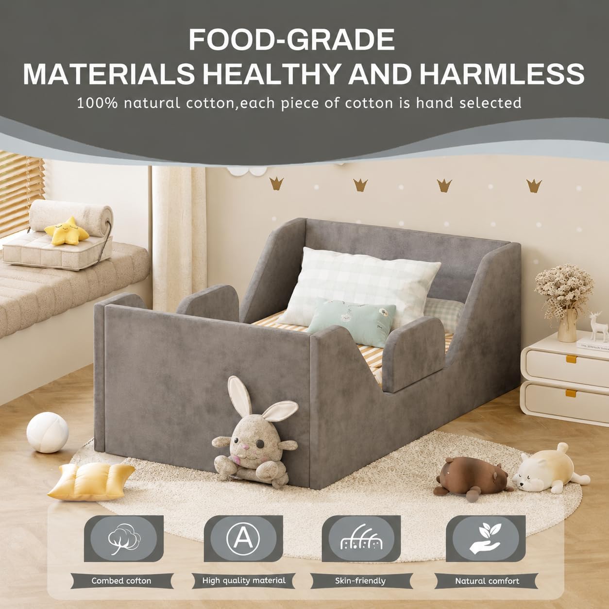 Thumbnail 2 de SOFTLYNICE Gray Toddler Floor Bed with Rails for a Standard Crib Mattress