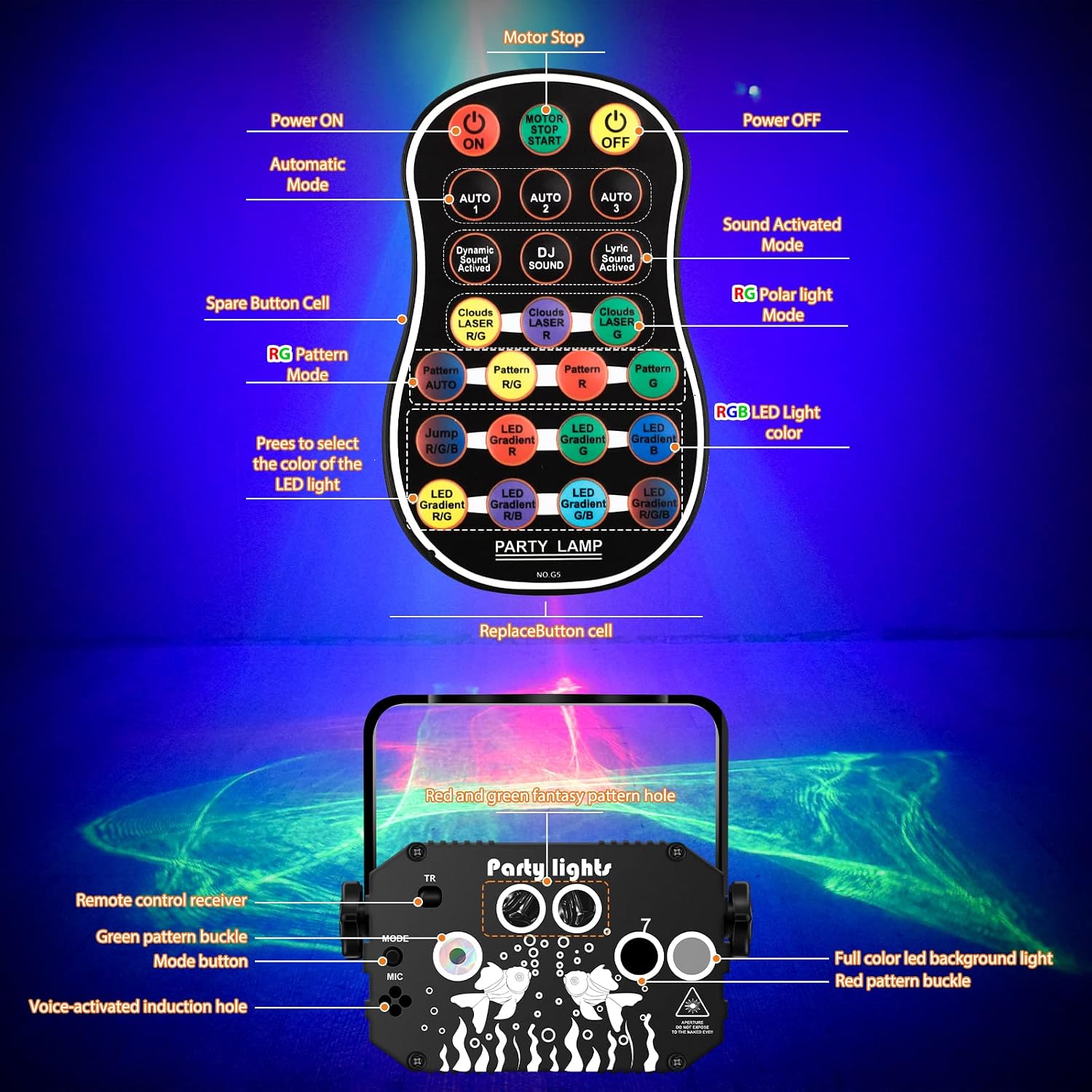 Detalle de Enjoyedled DQ-R90L DJ Party Light with RGB LEDs, Laser Effects and Remote