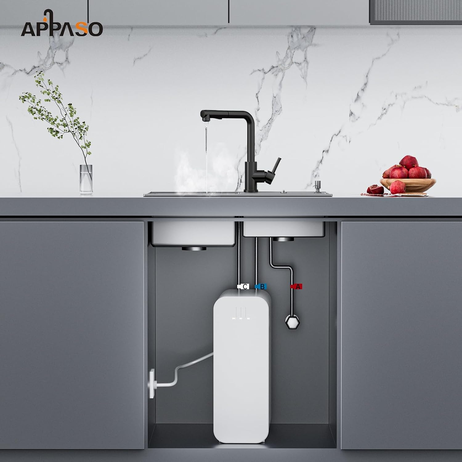 Detalle de Robinet de cuisine noir basse pression APPASO 3 sorties avec douchette 50 cm et 2 types de jets