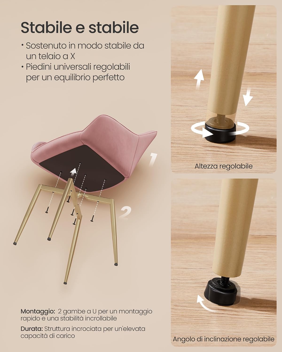 Thumbnail 6 de SONGMICS Sedia imbottita in velluto Rosa Pastello con gambe dorate pallido (LDC088R01) 120 kg