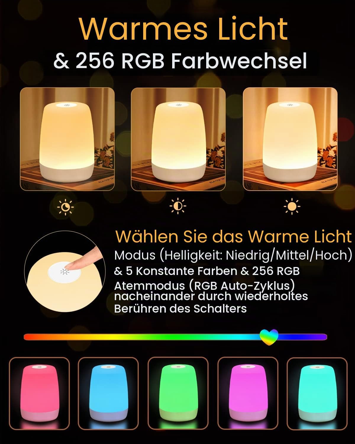 Detalle 2 de FOMYHEARD Nachtlicht Kinderzimmer: Touch-Dimmbar, Warmlicht & RGB‑Spektrum, USB aufladbar