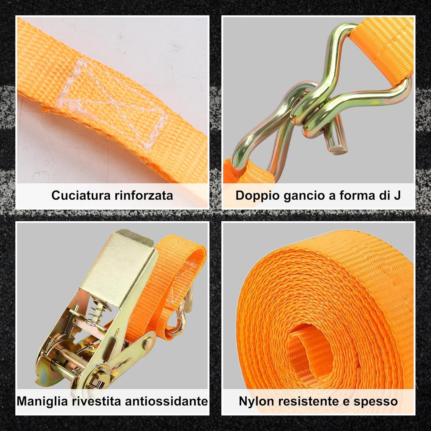 Detalle de Set 3 cinghie a cricchetto 1200 kg Manduka, 6 m x 25 mm (arancione)