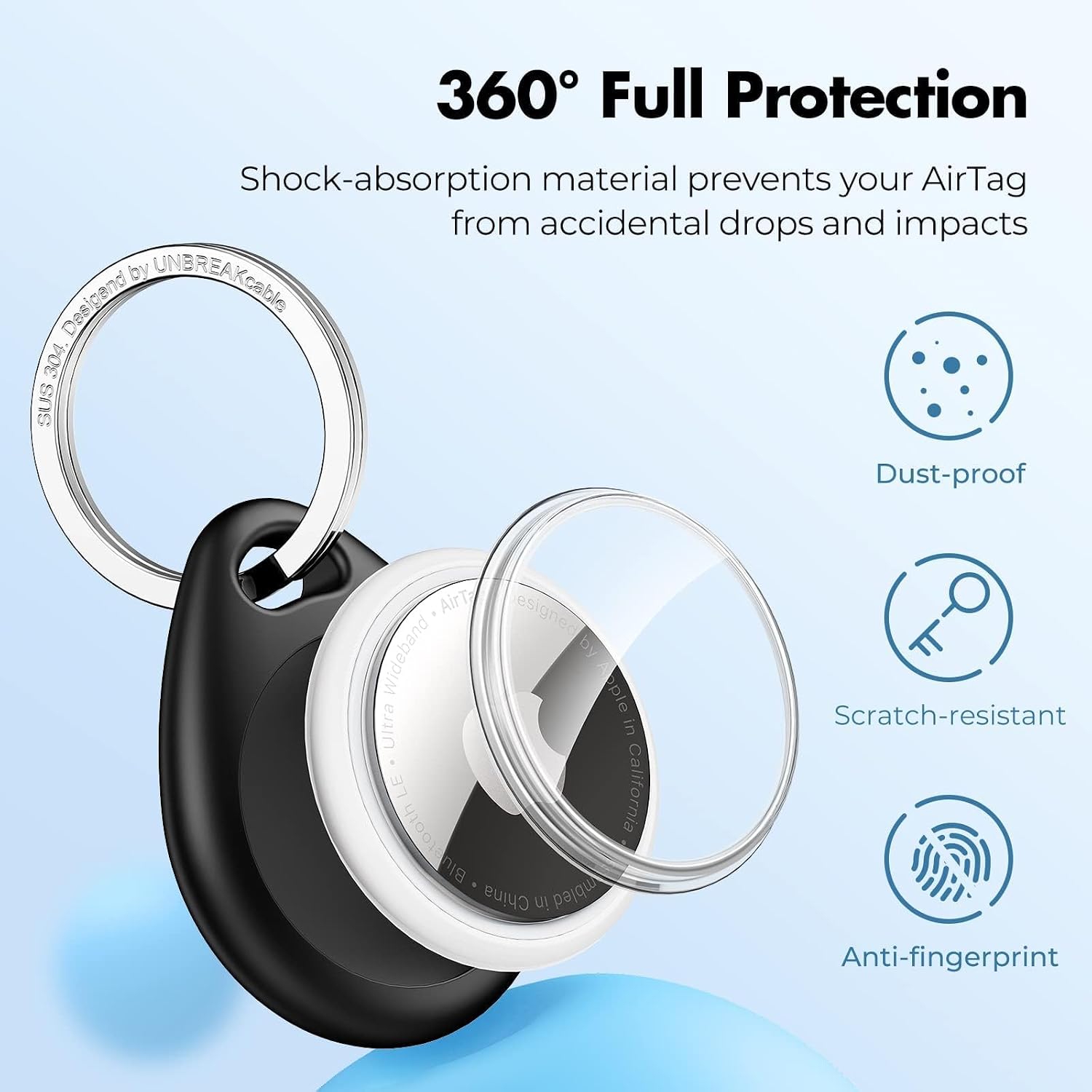 Detalle de UNBREAKcable AirTag Holder 4-Pack: Tight Fit, Durable TPU Protection with 304 Stainless Steel Key Ring