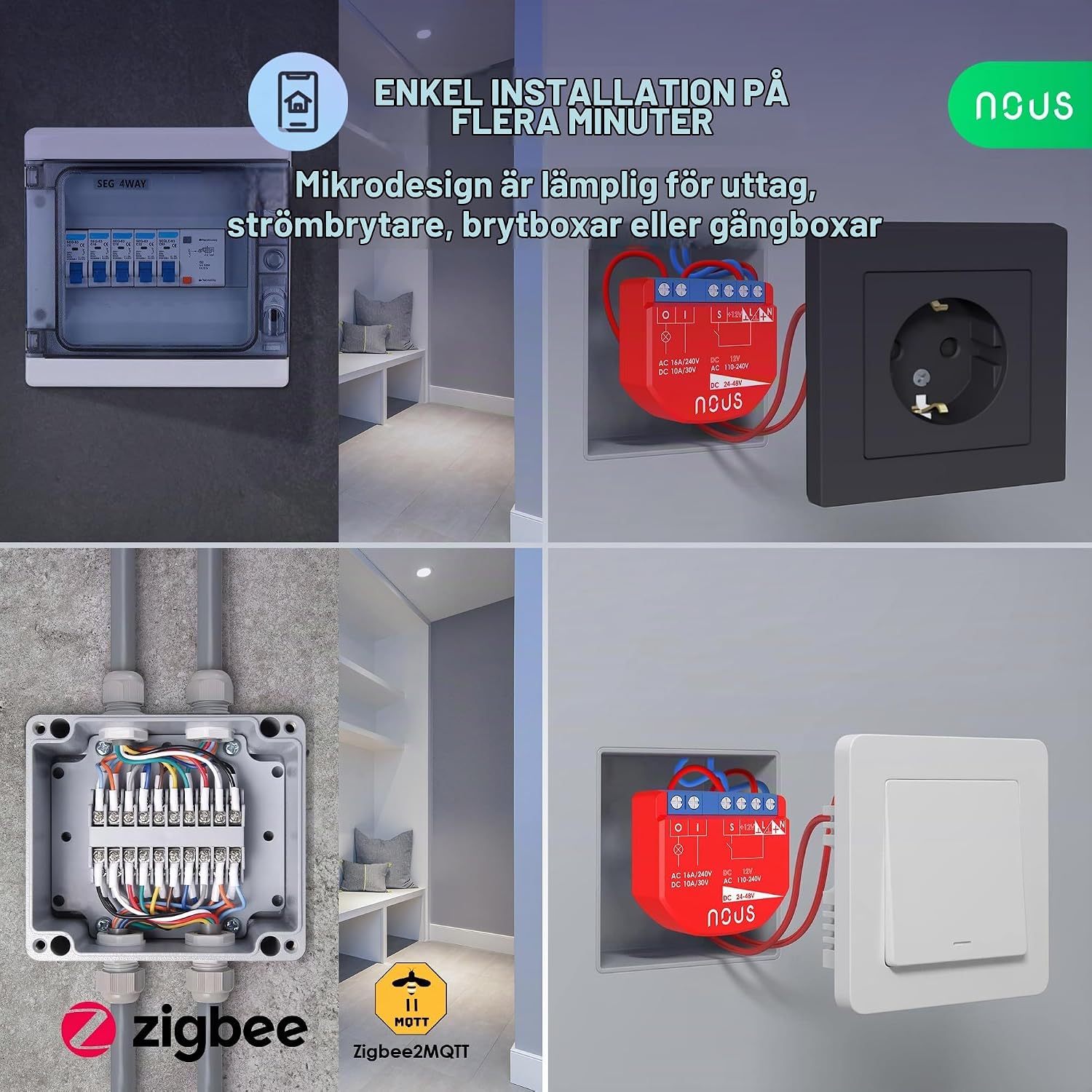 Detalle de NOUS B2Z ZigBee-modul med effektmätning, torrkontakter och en kanal