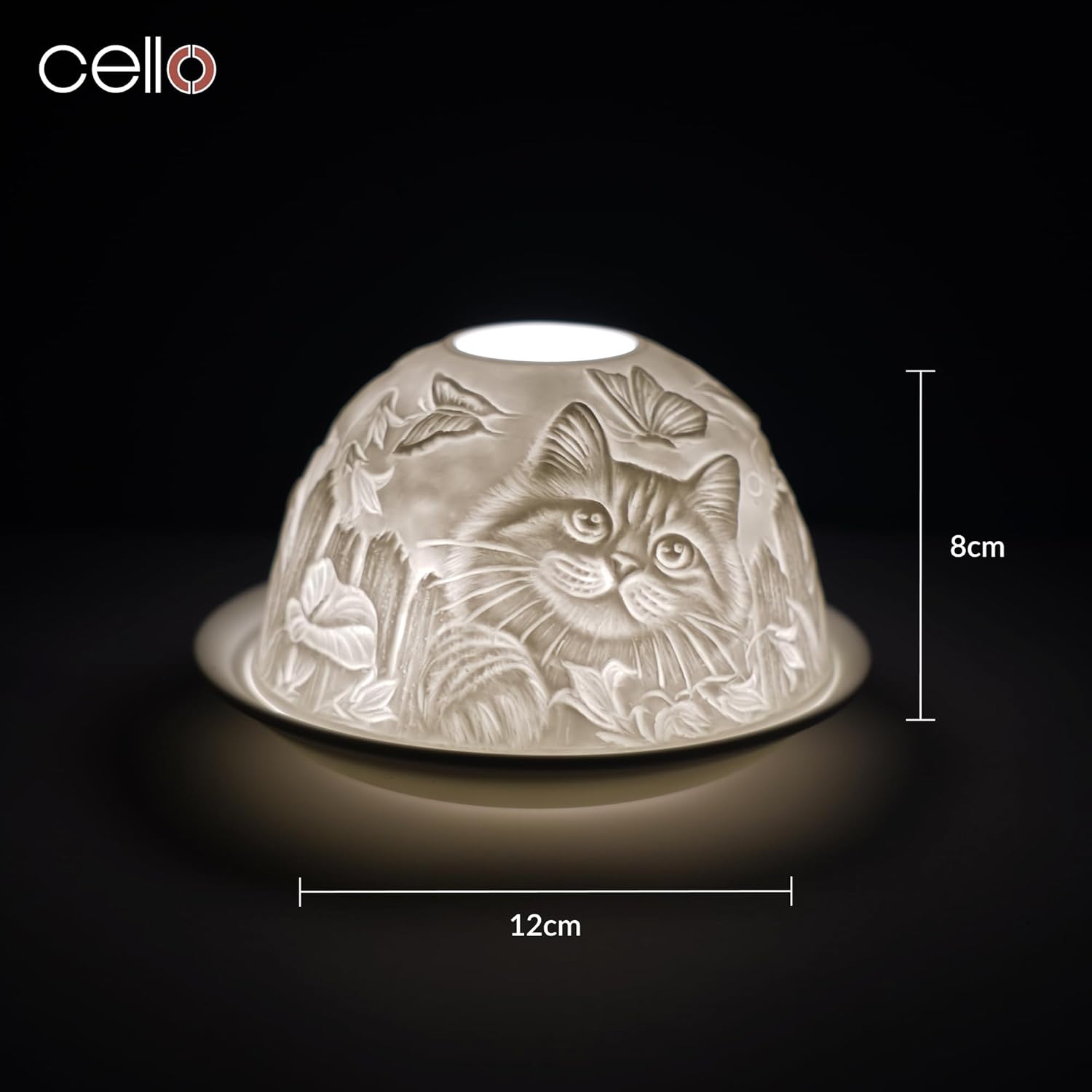Thumbnail 2 de Porzellan Teelichthalter „Dome“ mit 3D-Projektionsmotiv – Katzendesign als LED-/Teelicht-Wachswärmer