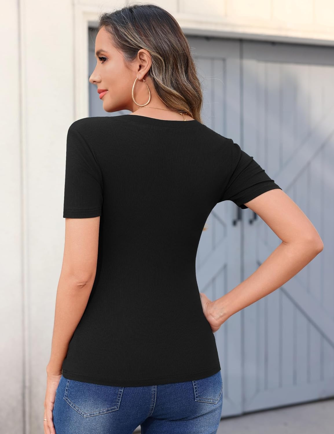 Thumbnail 4 de Aottori Damen T-Shirt mit V-Ausschnitt – kurzarm, geripptes Basic in Slim Fit (92% Baumwolle, 8% Elasthan)