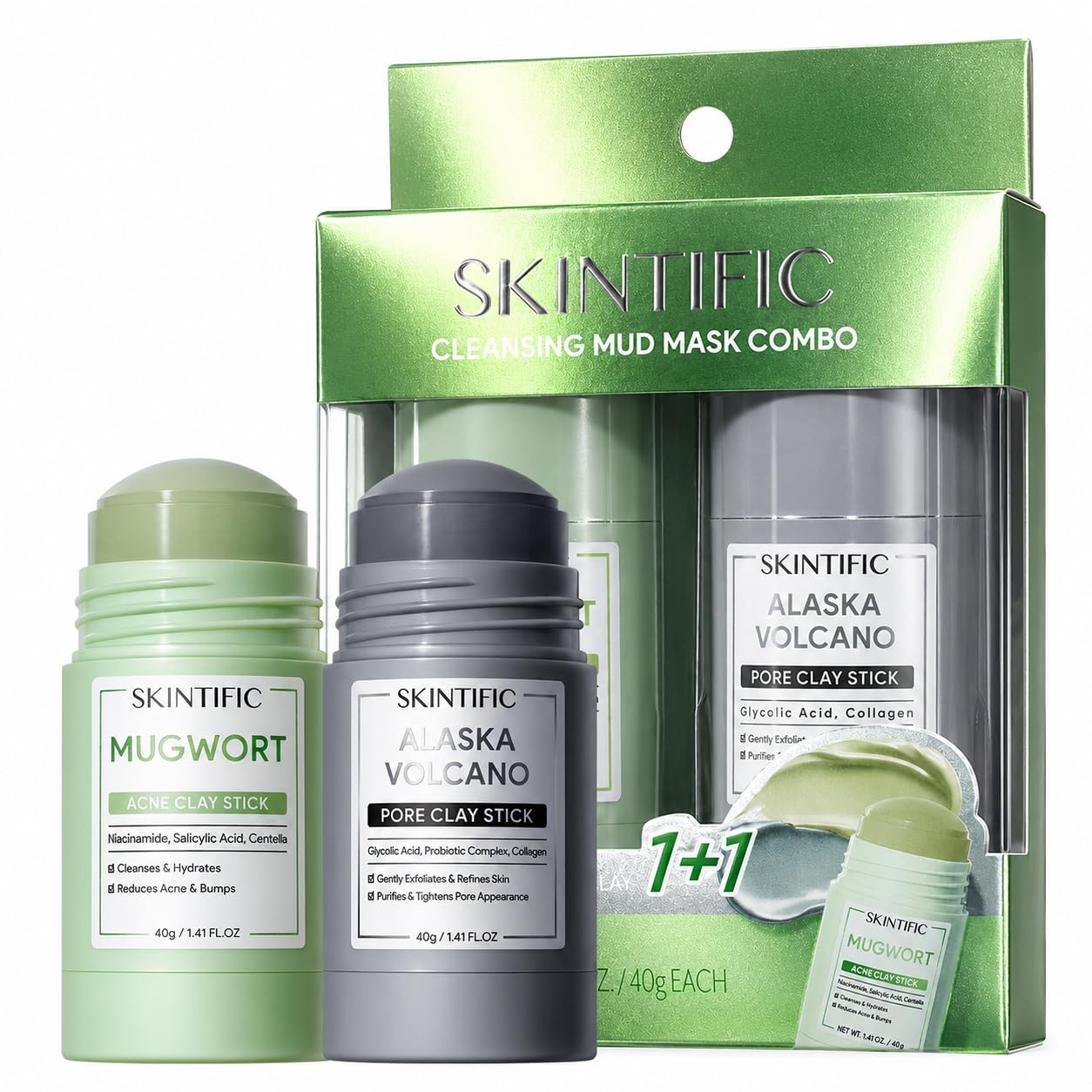 Detalle de SKINTIFIC Clay Mask Stick Set, Alaska Volcanic Clay & Mugwort Duo