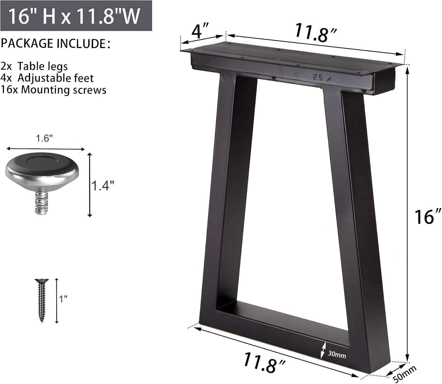 Detalle de Telakeni Trapezoid Legs 16-Inch Metal Bench and Table Legs, Black, Set of 2