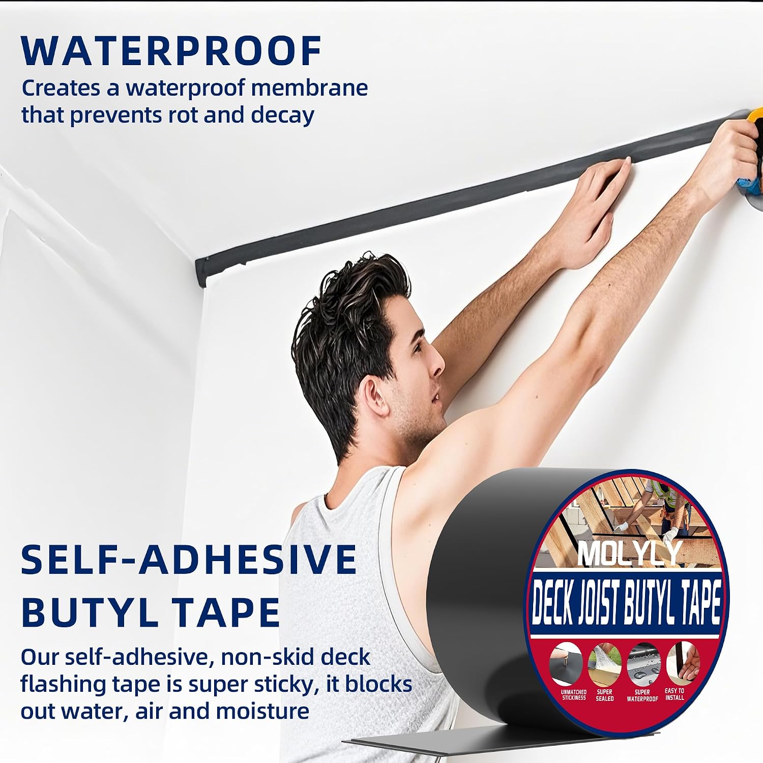 Thumbnail 4 de MOLYLY Butyl Deck Joist Tape (1-5/8 in x 50 ft) — 12 Rolls Waterproof & Anti-Corrosion Sealing Tape