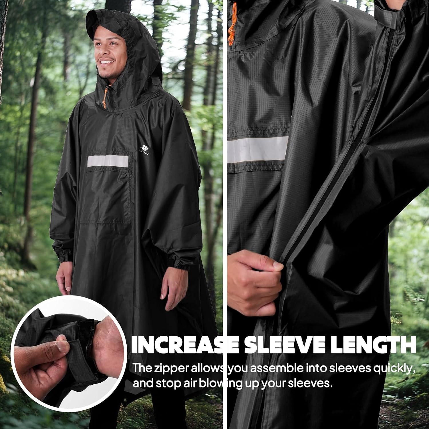Detalle de ANYOO Leichter wasserdichter Regenponcho mit Kapuze, Ripstop & Reflektoren – Einheitsgröße