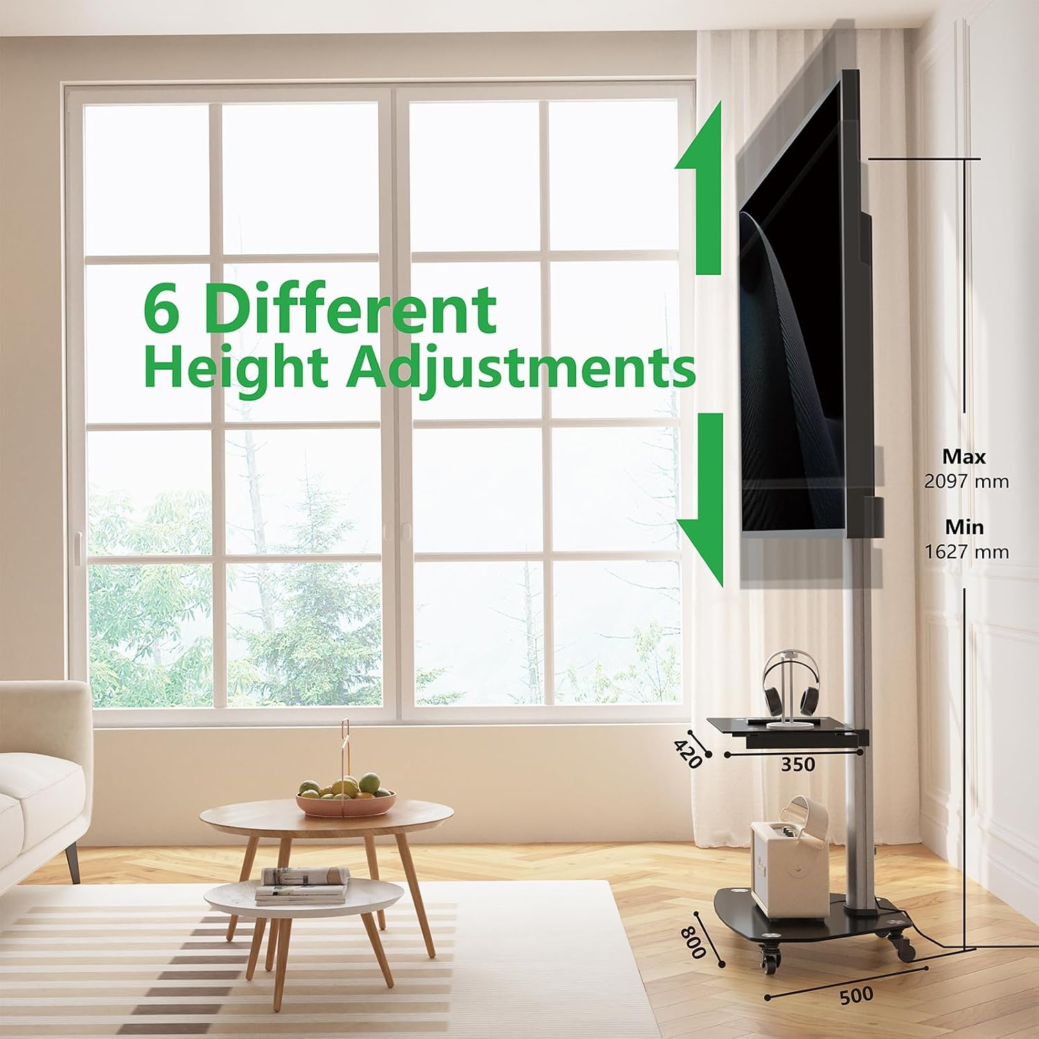 Thumbnail 6 de XTRARM Proton 300: Supporto TV mobile con ripiano e prese, per schermi 32–75 pollici (fino a 40 kg) in alluminio nero