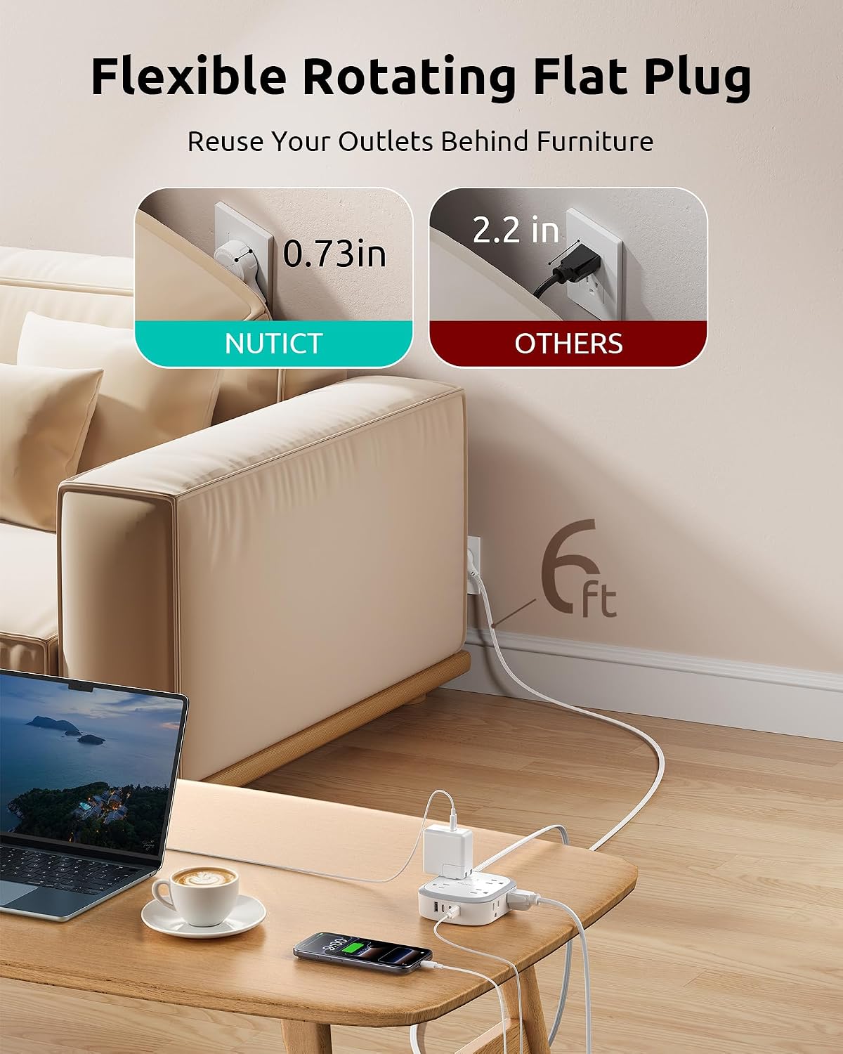 Thumbnail 5 de NUTICT NT-PS-NA02 Surge Protector Power Strip, 8 AC Outlets, 4 USB Ports