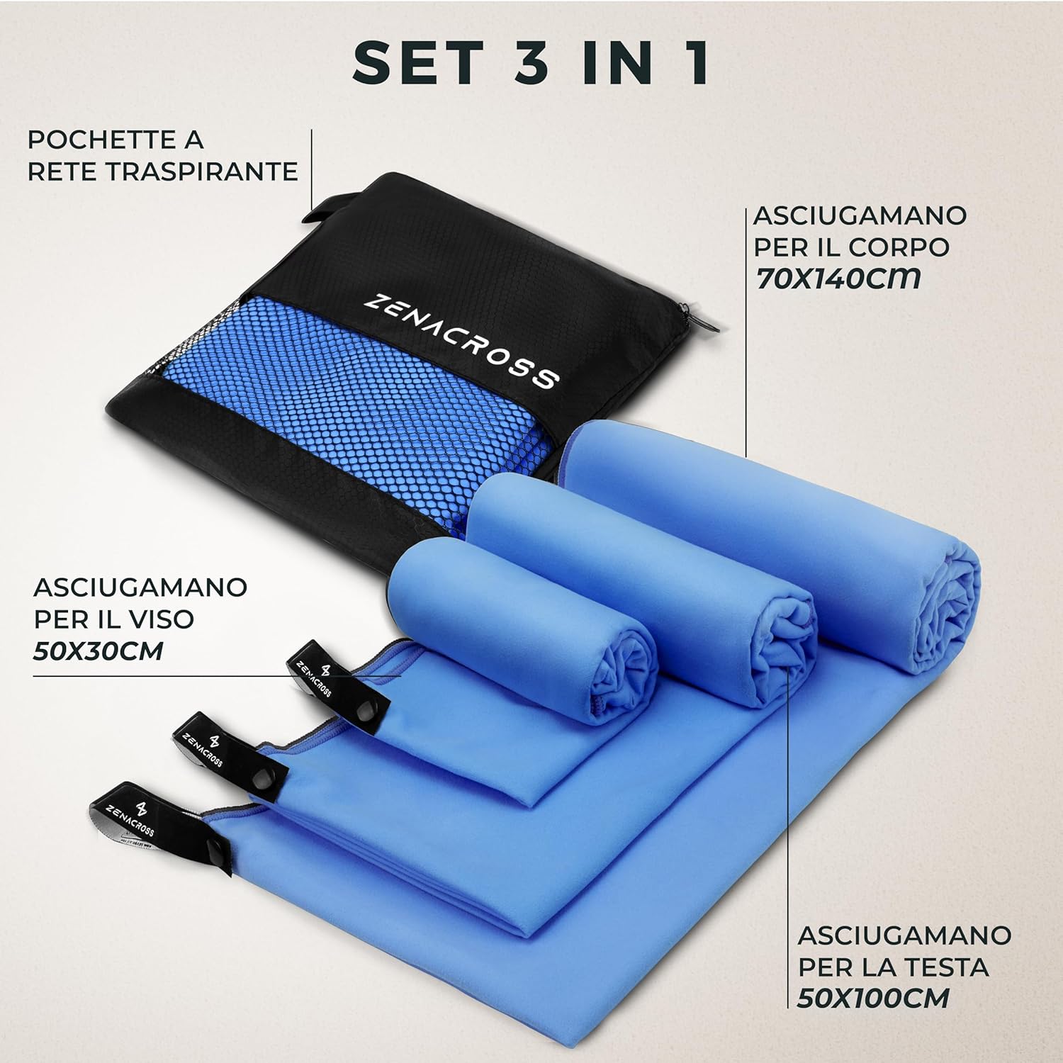 Detalle de ZENACROSS Zenacross Asciugamano Palestra (Set di 3) in microfibra con borsa per trasporto