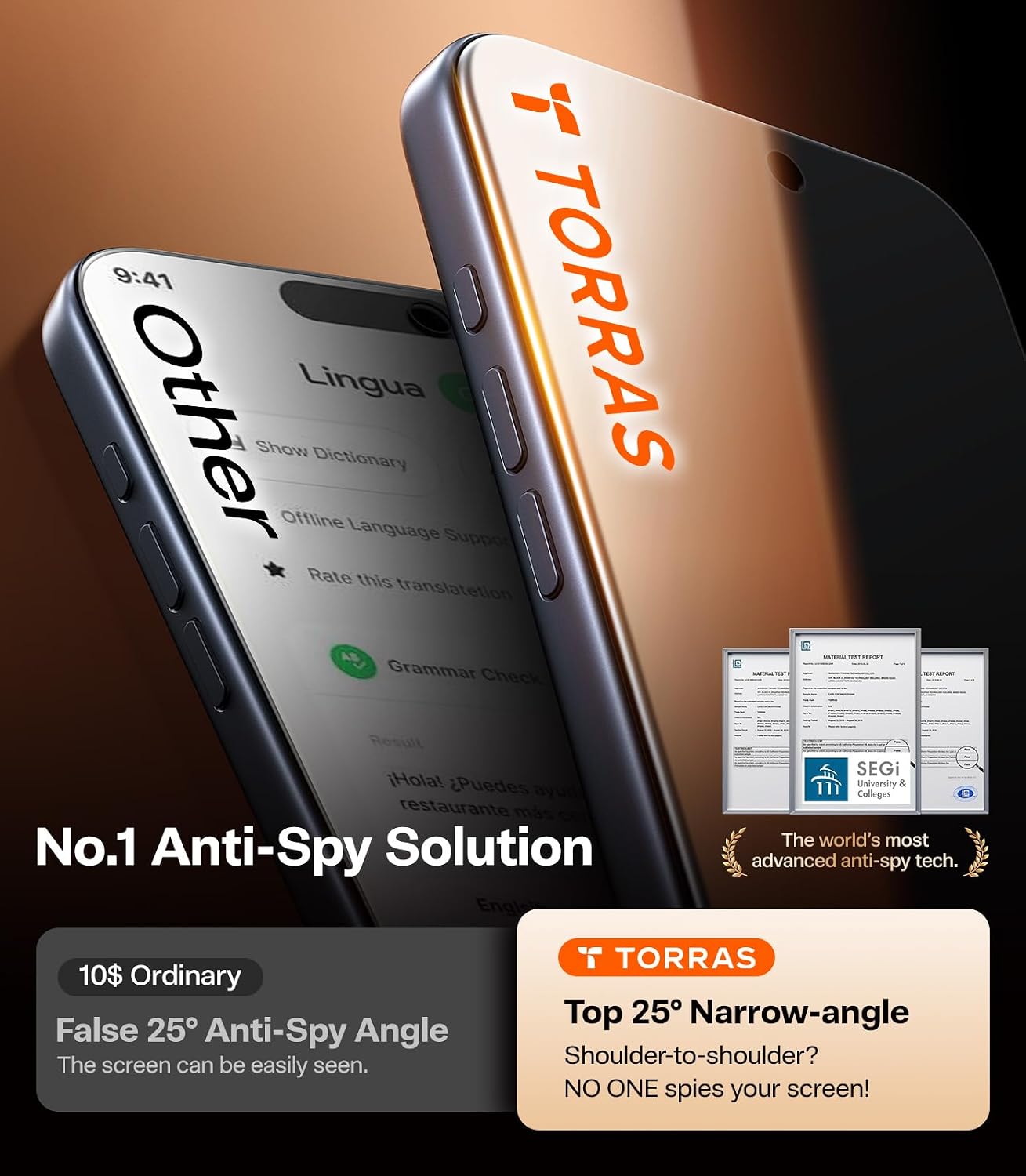 Detalle de TORRAS TRIP17PSPPR Privacy Screen Protector for iPhone 17 Pro, 9H+ Glass