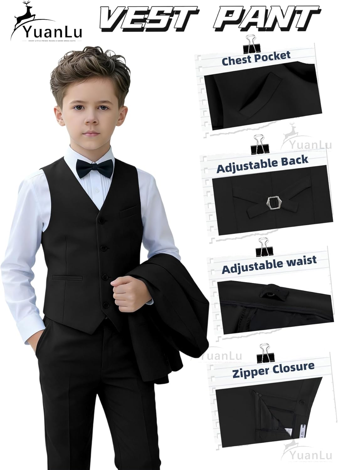 Thumbnail 3 de YuanLu Boys Tuxedo Wedding Ring Bearer Outfit (5-Piece) — Slim Fit Formal Suit for Kids, Adjustable Waist