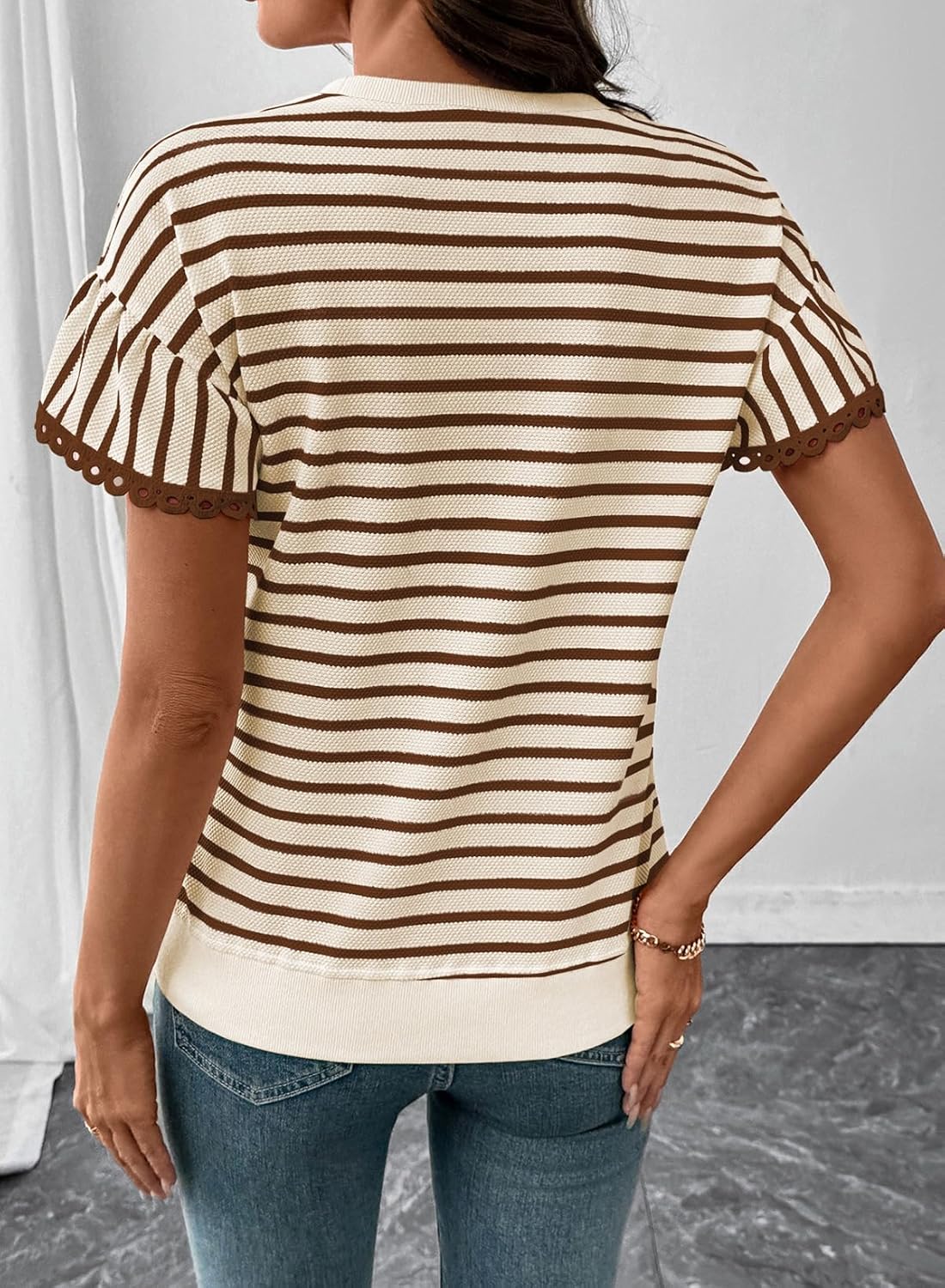 Thumbnail 2 de SHEWIN Women’s Summer Loose Fit Rib Knit Stripe Top (Short-Sleeve)