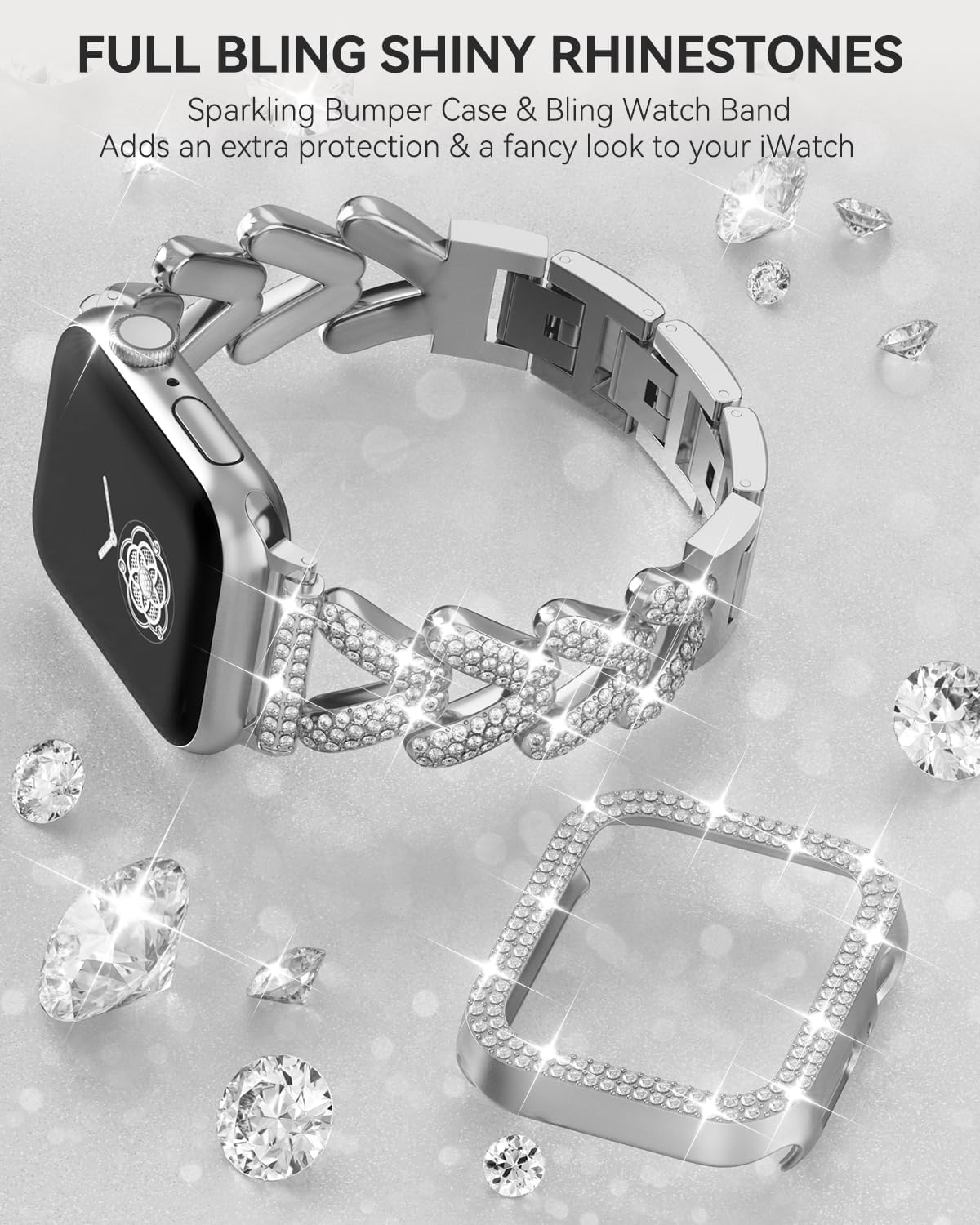 Thumbnail 2 de Rhinestones Encrusted Metal Bracelet and Case for Apple Watch 38–49mm (Series 11/10/1/SE/Ultra 2) – Bling Gold