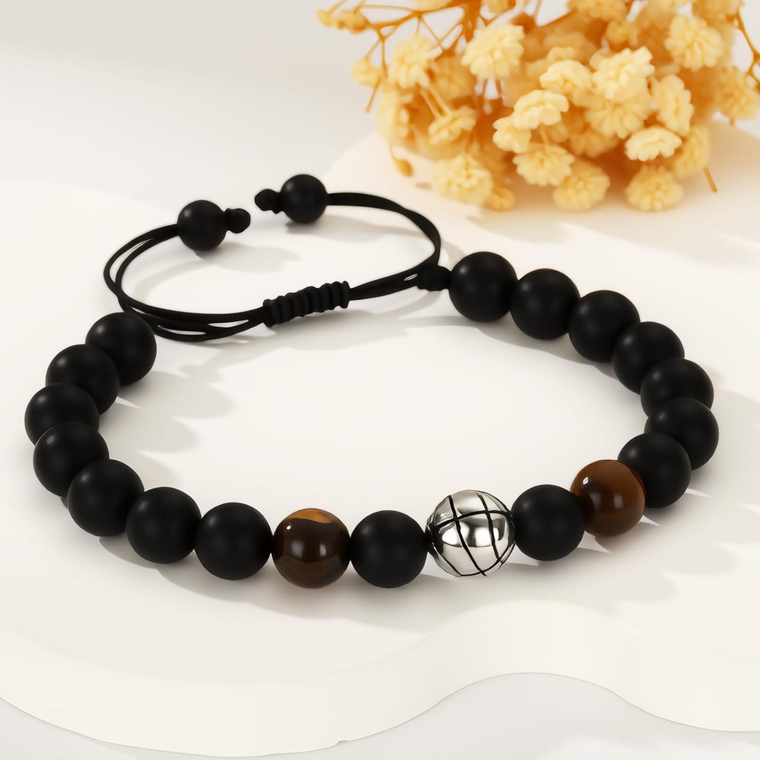 Detalle 2 de Esmoly Bracciale Uomo Pietre Naturali – Braccialetto Regolabile con Pietre D’Agata Nera e Occhio di Tigre