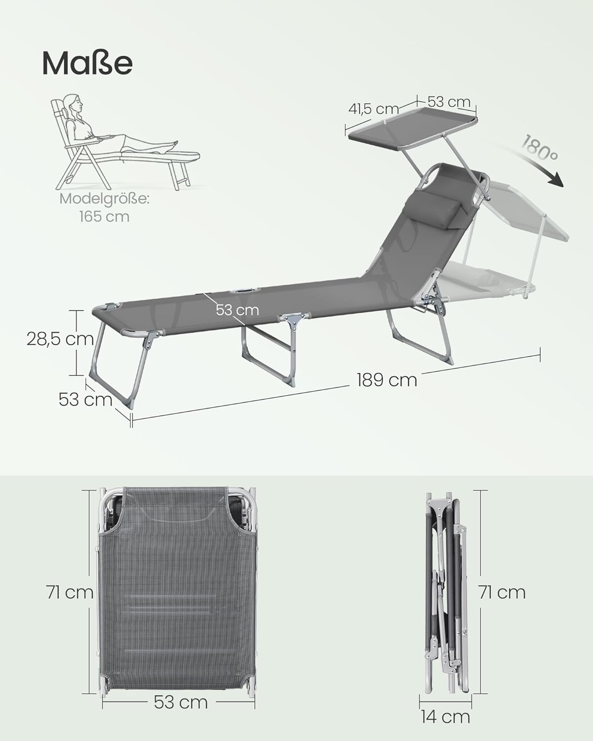Thumbnail 2 de SONGMICS Sonnenliege klappbar 2er Set – verstellbare Rückenlehne, Kopfstütze, 189 x 53 x 28,5 cm, grau