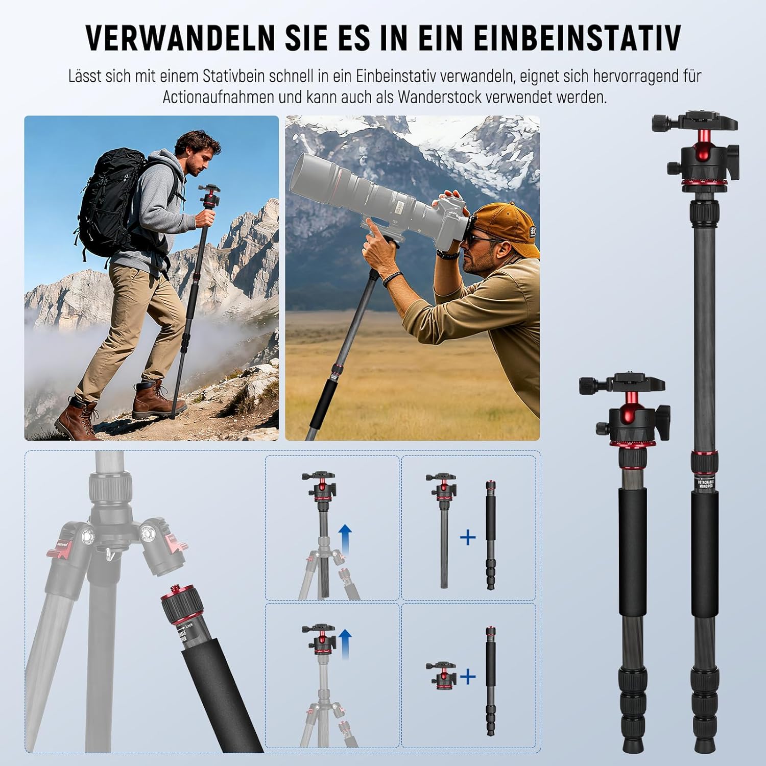 Detalle 2 de NEEWER Basics Carbonfaser Reisestativ Einbeinstativ 64" – kompakt, leicht, kompatibel mit Smartphone und DSLR