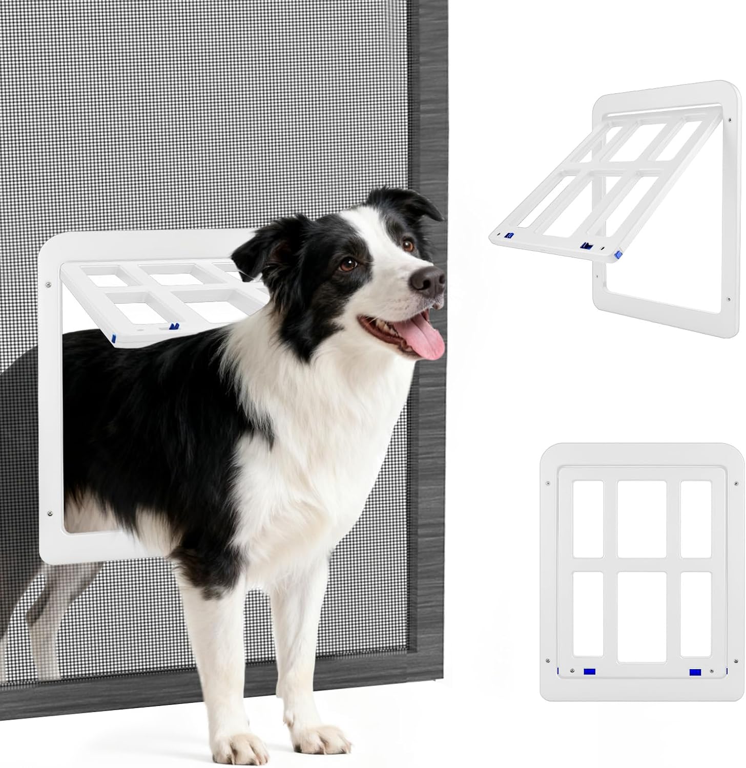 PETLESO Haustierklappe für Fliegengittertür (Hund/Katze) mit Magneten, weiß – außen 34 x 44 cm