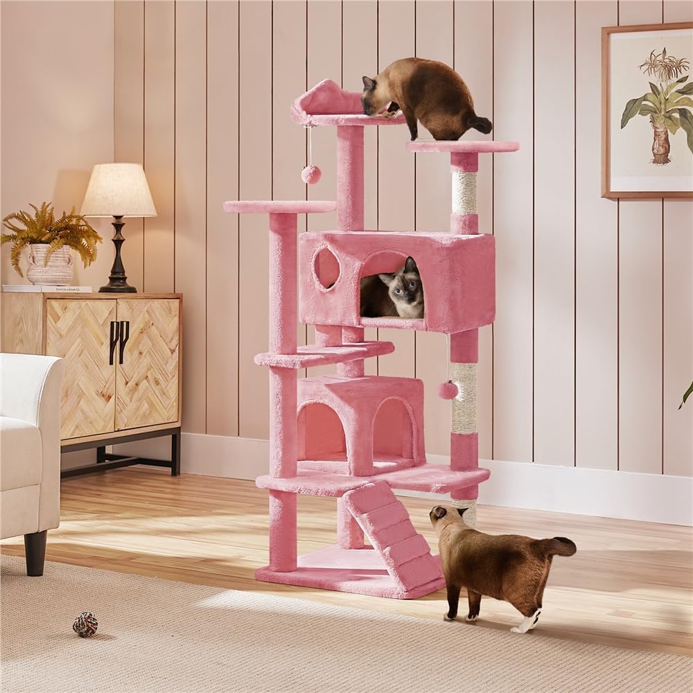 Detalle de Yaheetech Albero tiragraffi per gatti da 137 cm con 2 casette e 2 palline in peluche (sisal naturale) rosa
