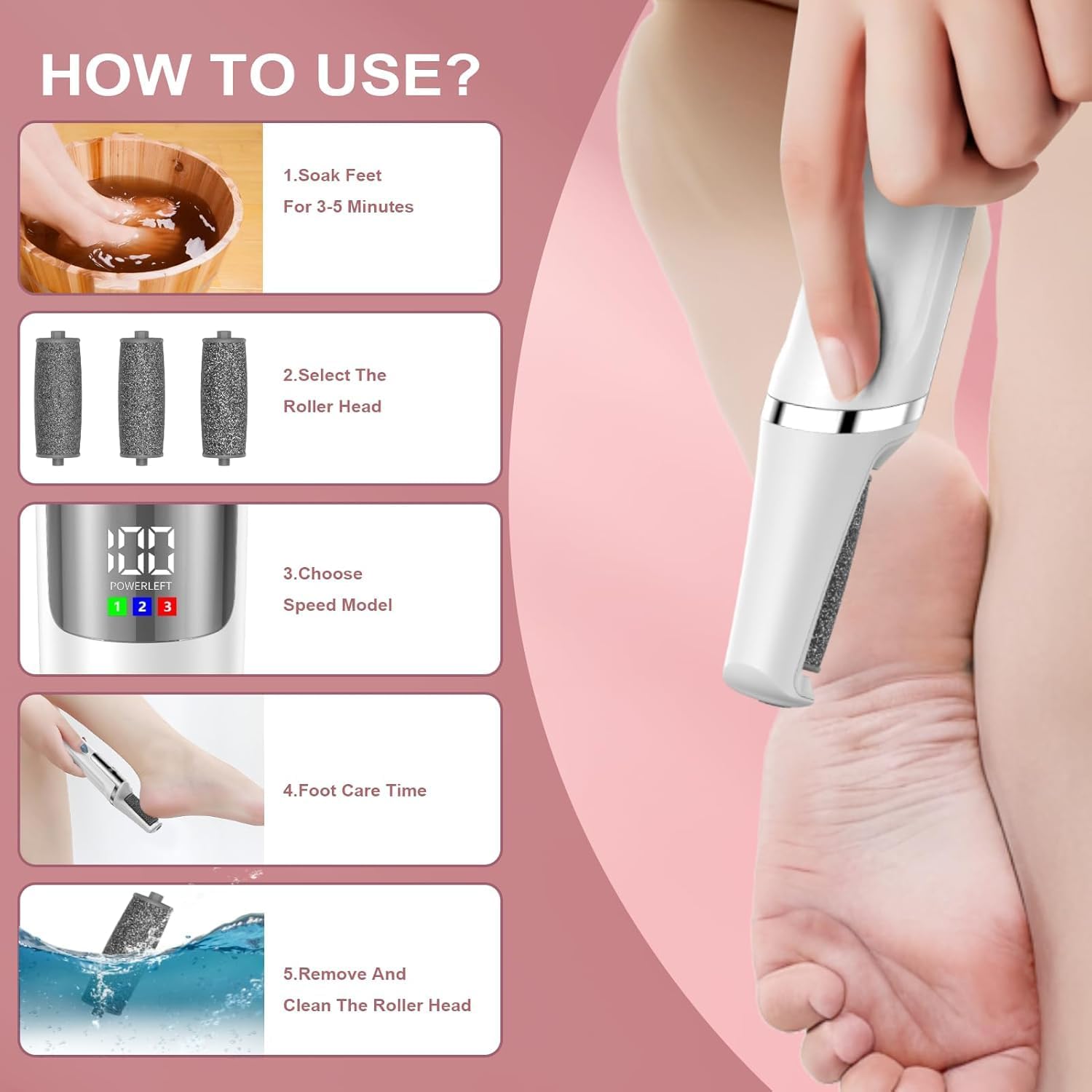 Detalle de Dongxw Electric Foot Callus Remover – Rechargeable Pedicure Foot File with 3 Roller Heads