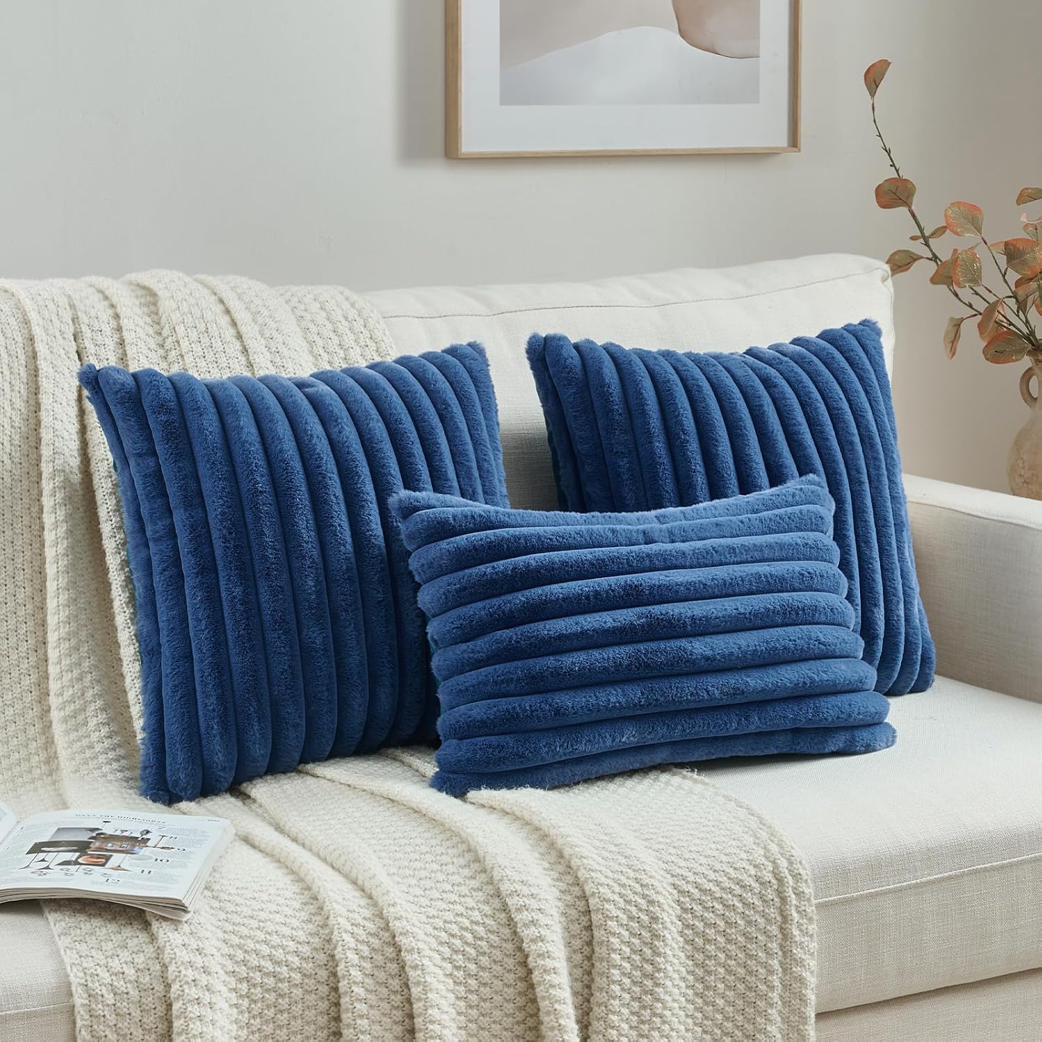 Thumbnail 5 de Ystyle lot de 2 housses de coussin 40x40 en fausse fourrure bleu marine