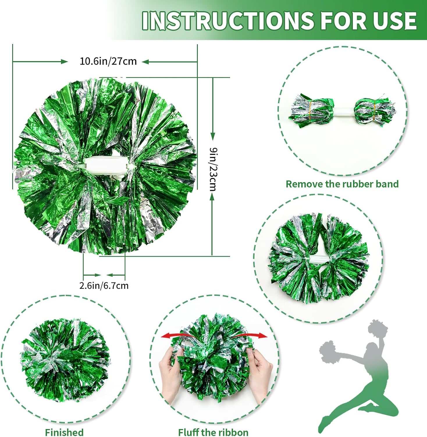 Thumbnail 2 de CREATIEE-PRO Cheer Pom Poms, Metallic Green-Silver 4-Piece Set