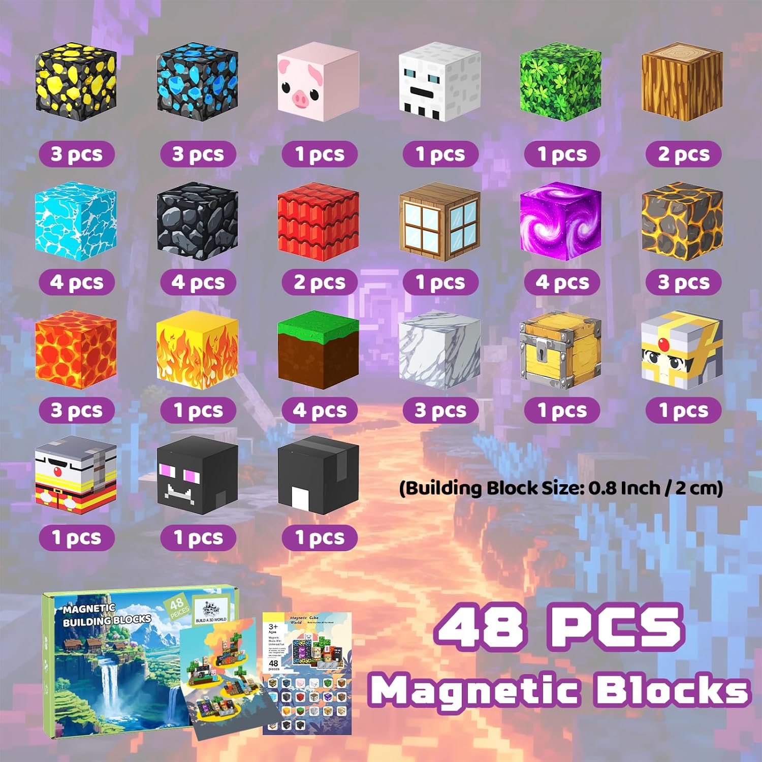 Thumbnail 1 de SSAWER Magnetic Blocks 48-piece magnetic building set with storybook (Forest Lava) for ages 3+