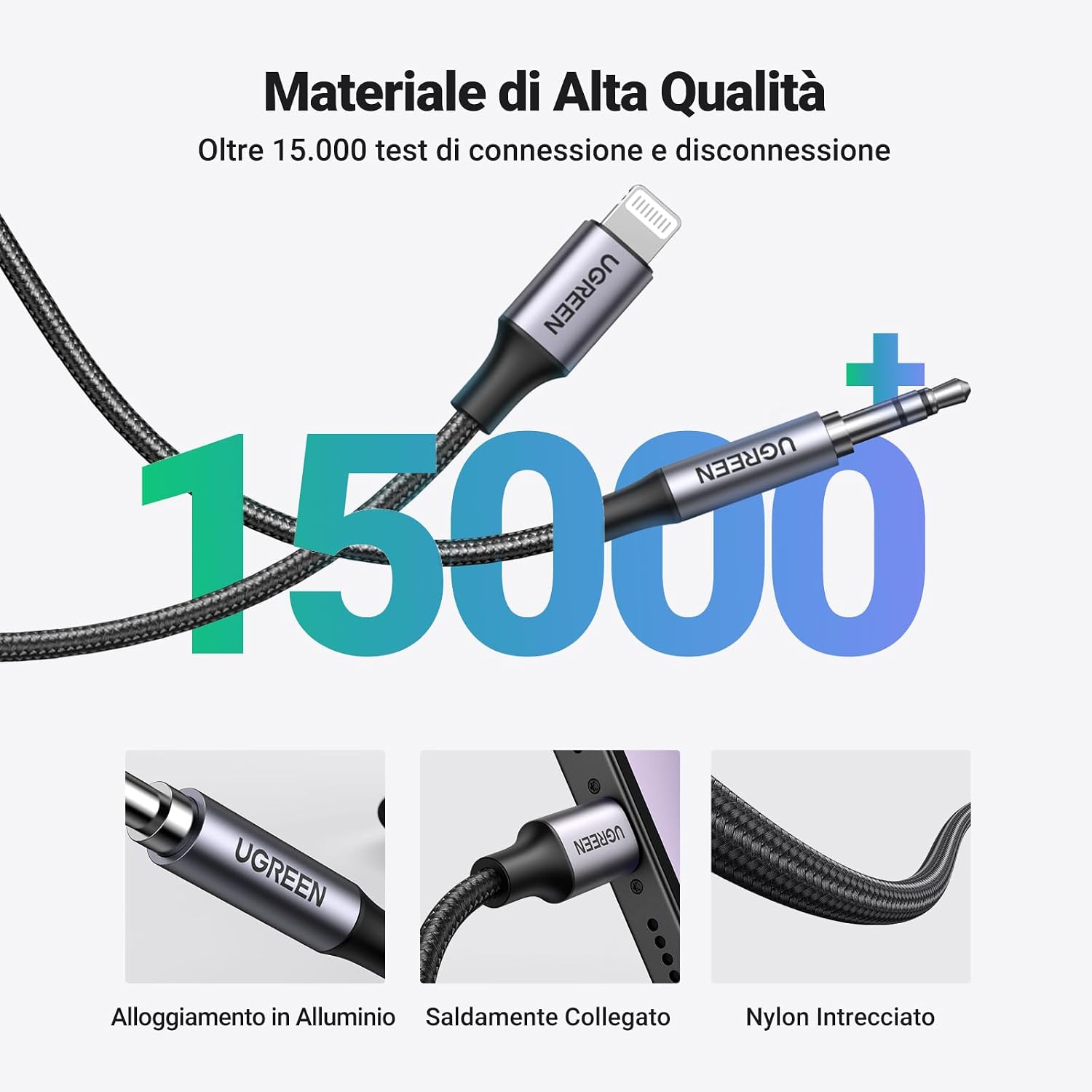 Detalle de UGREEN Cavo Aux per iPhone certificato MFi, 1 m, Lightning to 3.5 mm in Nylon – compatibile con iPhone 14/13/12 e altri modelli