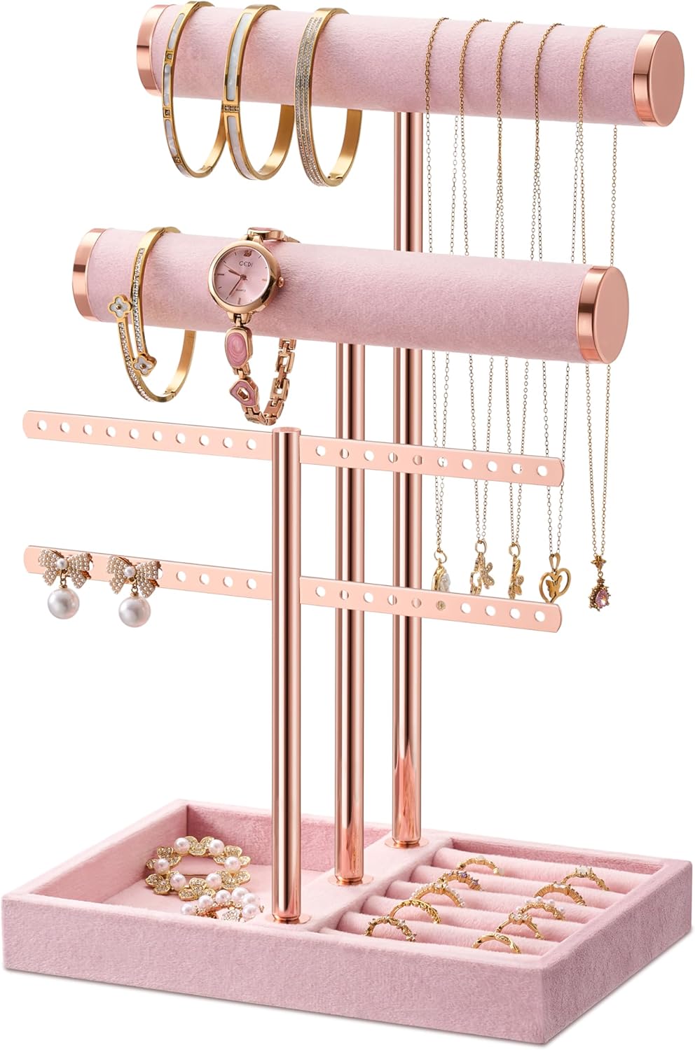 Thumbnail 6 de Josmimic Schmuck Organizer mit 3 Ebenen in Beige – samtiger Armbandständer mit abnehmbarem T-Steg