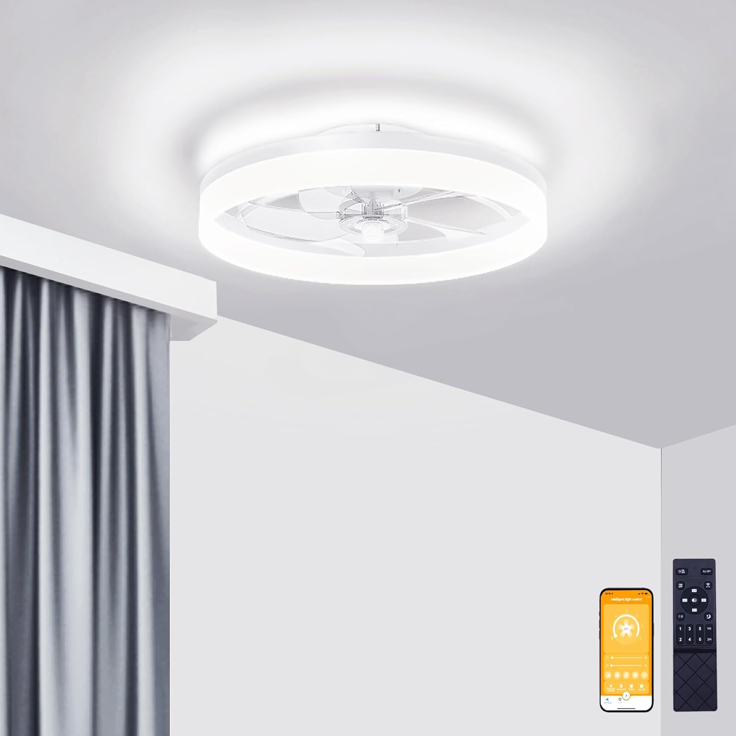 Detalle de VOLISUN 21170ZM Low-Profile Ceiling Fan with Light, 6 Speeds, Remote & App