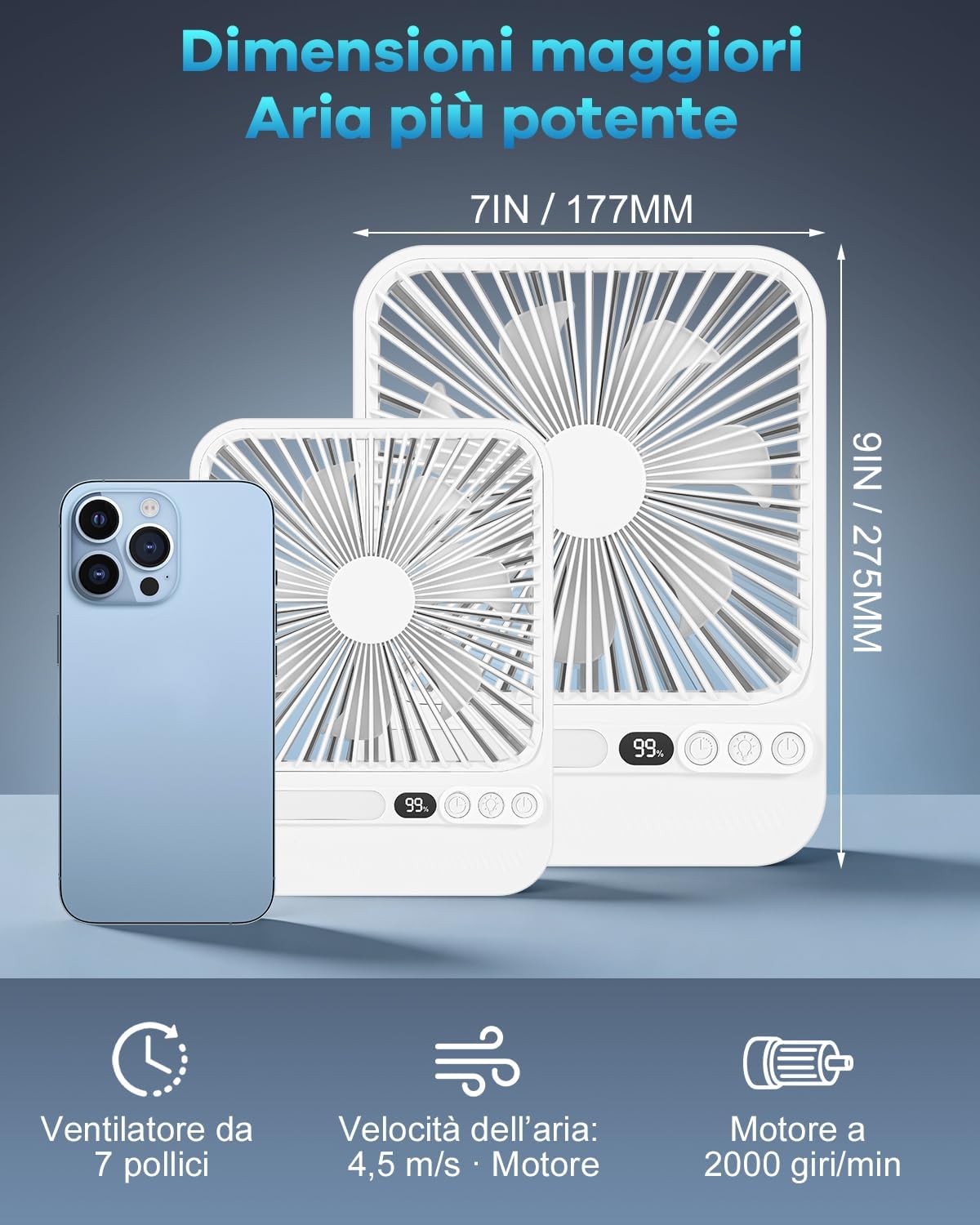 Thumbnail 2 de Ventilatore portatile 7 pollici con luce: autonomia fino a 28 ore, ultrasottile e regolabile