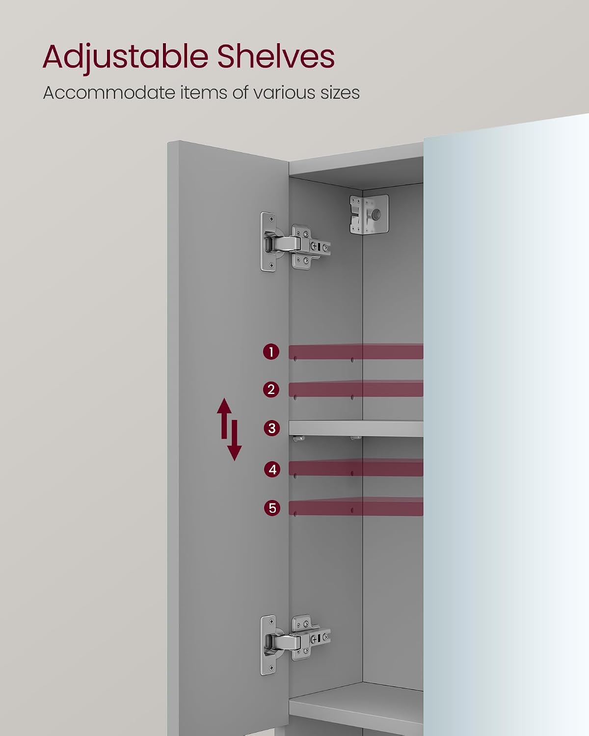 Detalle 2 de VASAGLE KAILYN BBK129G01 Bathroom Mirror Cabinet, Dove Grey, 70 x 16.5 x 75 cm