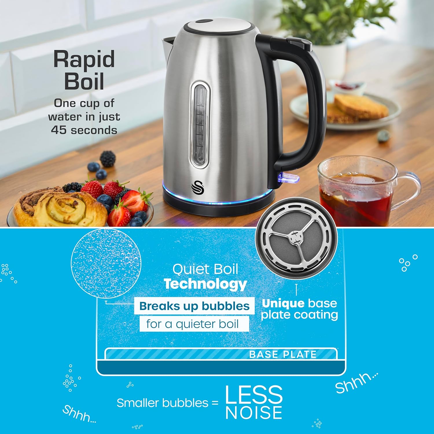 Thumbnail 2 de Swan Quiet Boil Cordless Kettle, 3kW Fast Boil – SK19035SS