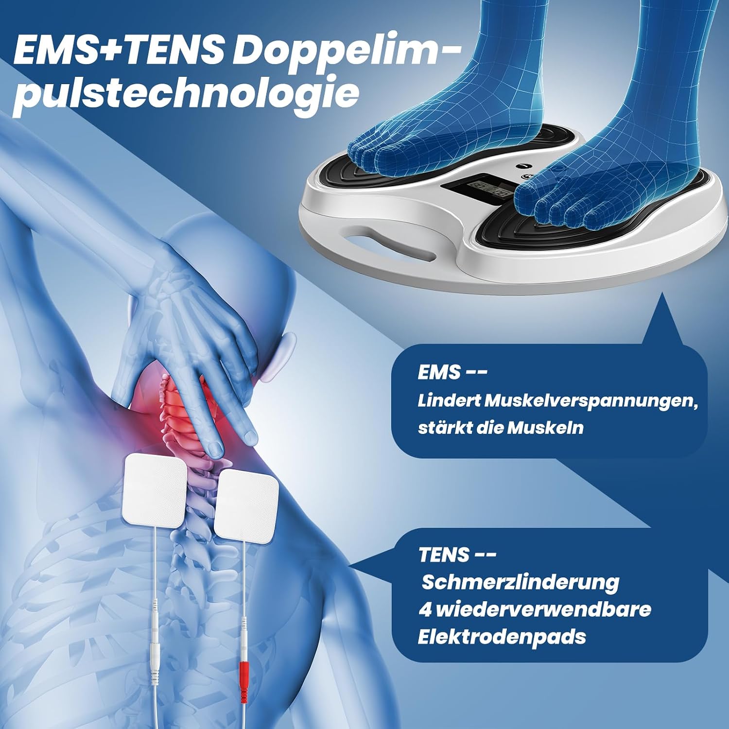 Detalle 2 de Medic Durchblutungsstimulator für Füße & Beine – EMS/TENS Fußmassagegerät mit 4 TENS-Pads