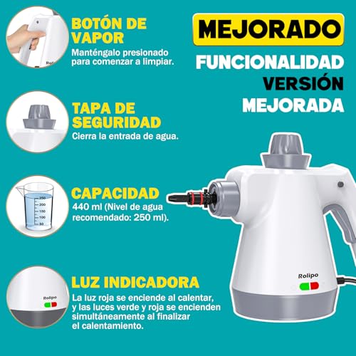 Detalle de Rolipo Limpiador a vapor portátil a presión con 12 accesorios: limpieza eficiente sin productos químicos