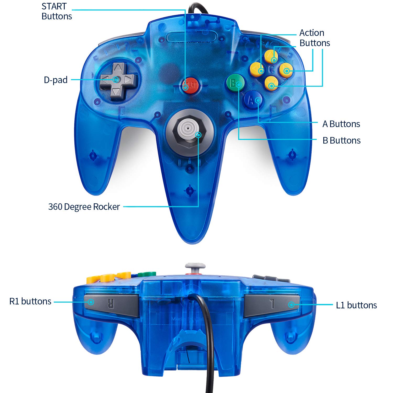Detalle de miadore Retro 64-Bit N64 Controller (kabelgebunden, klares Blau) – Gamepad für N64 & N64-Spiele