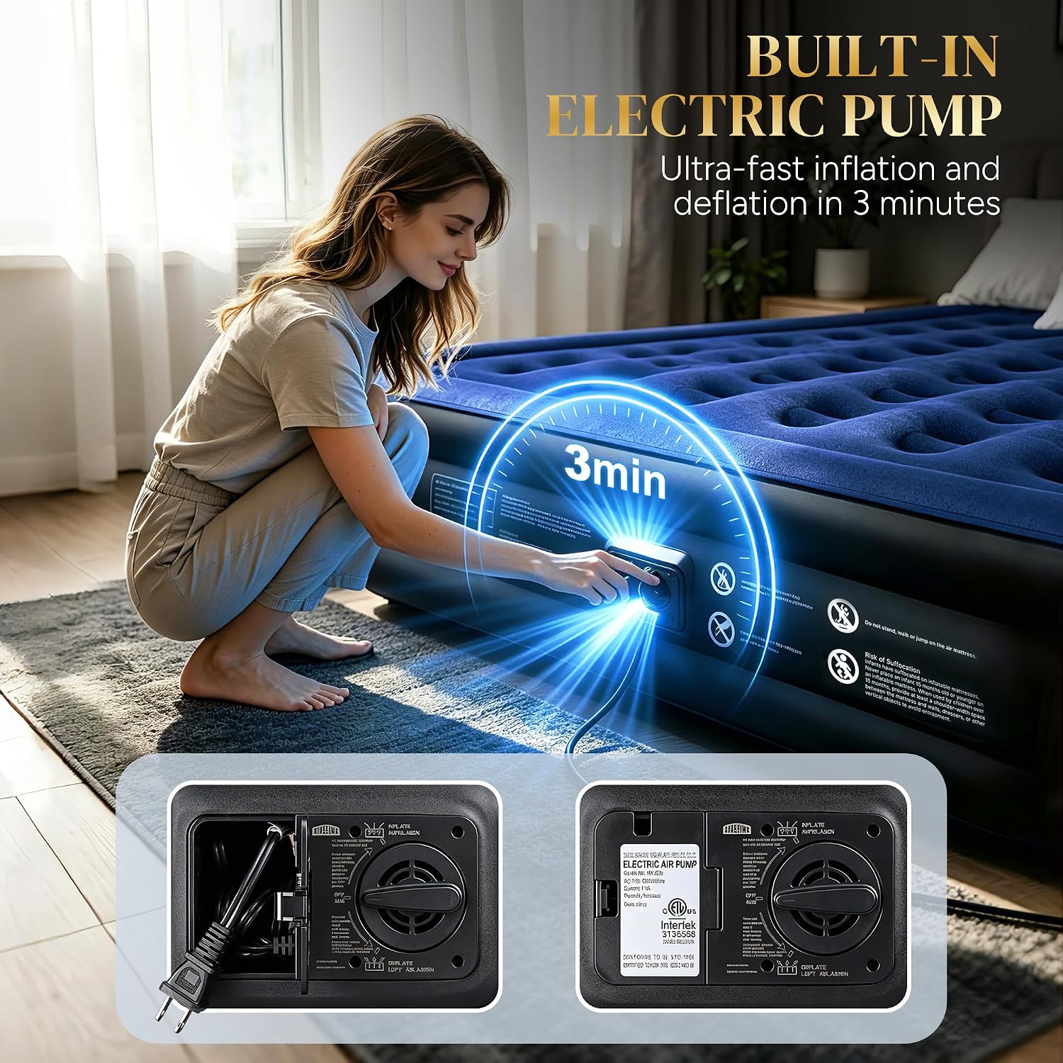 Detalle de Maeytau AIRM-Queen Queen Air Mattress, 18-Inch Raised with Built-In Pump