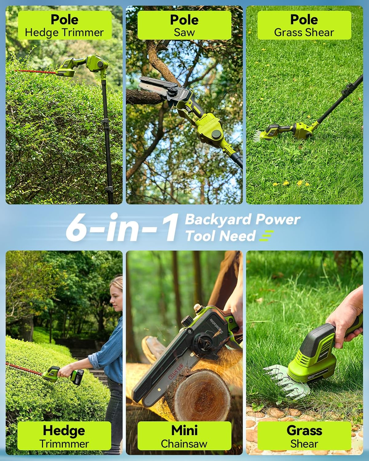 Thumbnail 1 de Kit de jardin Supstable 6-en-1 sans fil : mini-tronçonneuse, taille-haie, élagueuse télescopique jusqu’à 4,57 m
