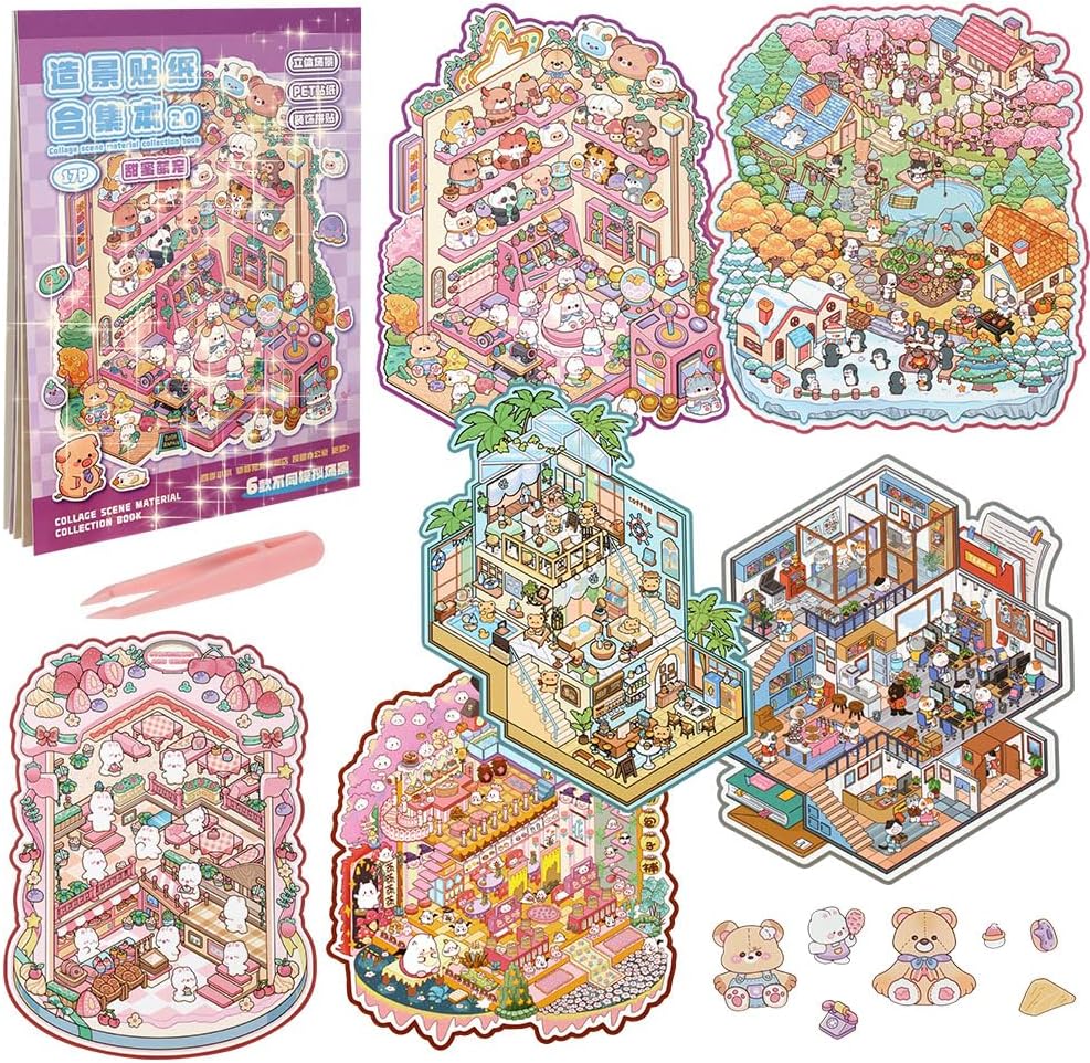 Detalle de Vicloon miniatuurstickerset met 3D-dierenscènes, 17 vellen en pincet