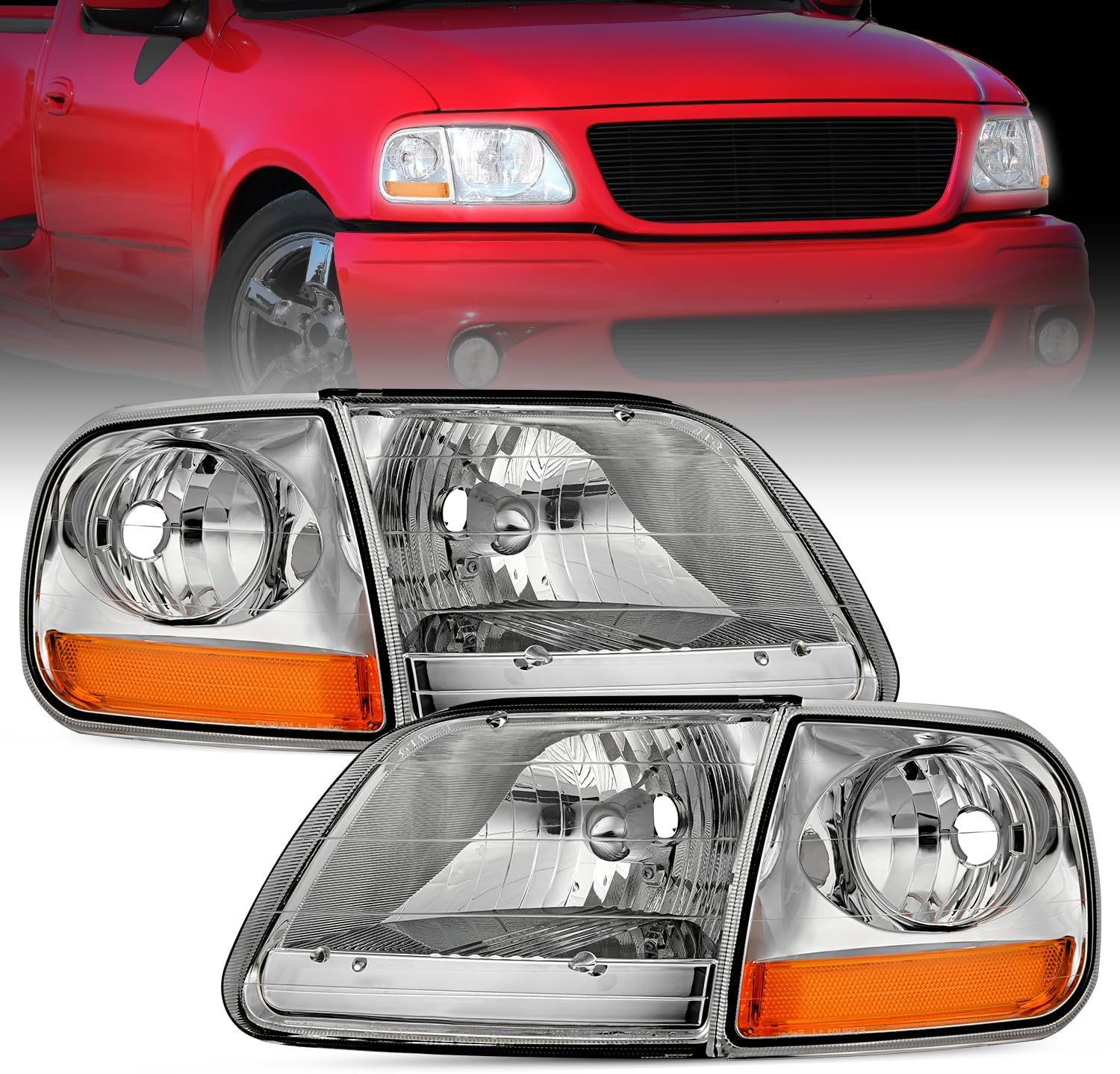 Detalle de Nilight Headlight Assembly for 1997–2003 Ford F-150 (Chrome Housing, Amber Reflector)