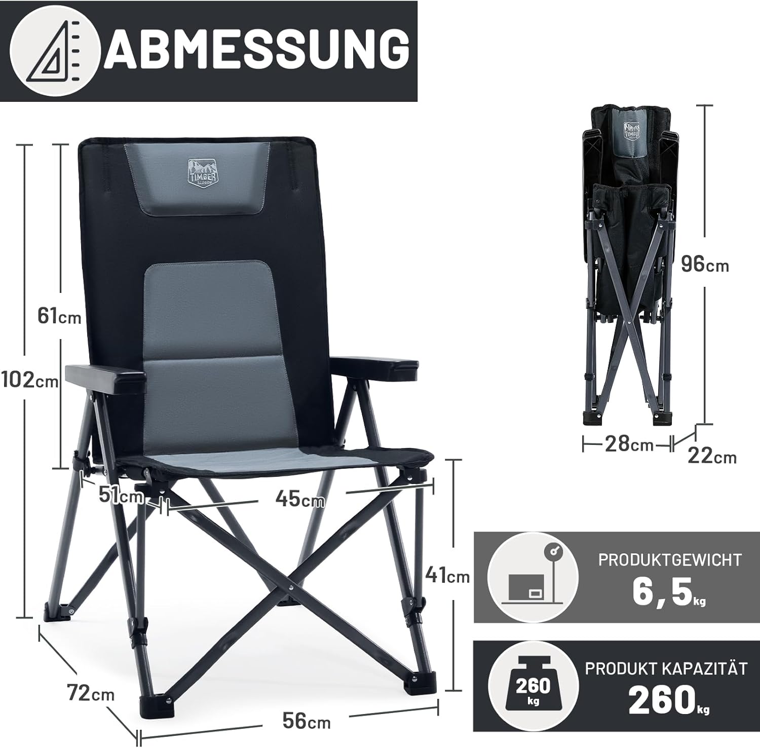 Thumbnail 2 de TIMBER RIDGE Faltstuhl Campingstuhl mit 260 kg Tragkraft, verstellbare Rückenlehne, gepolstert