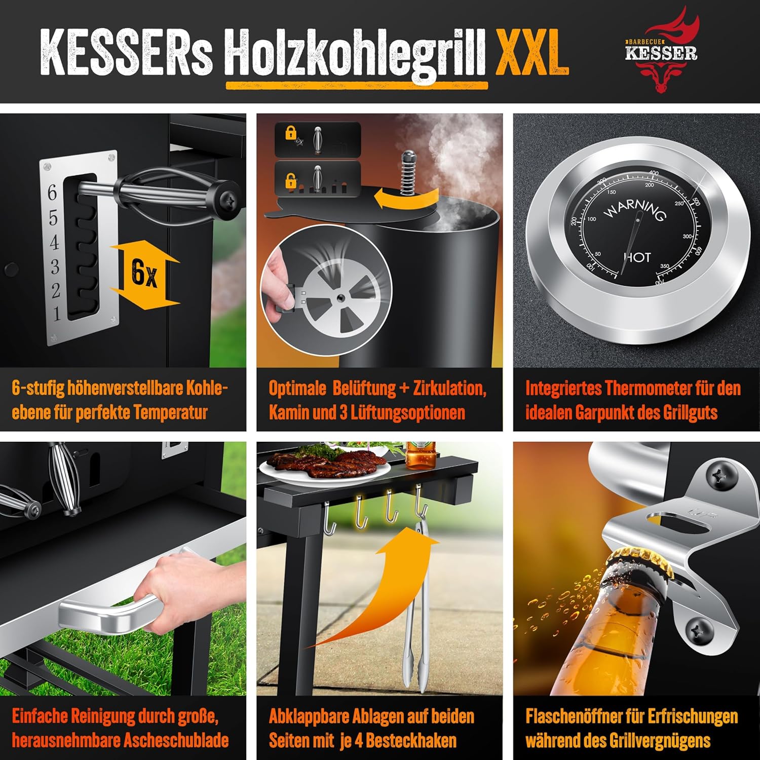 Detalle de KESSER® Holzkohlegrill XXL Grillwagen Set mit Deckel & Thermometer – flexibler Grillwagen mit Smoker-Funktion