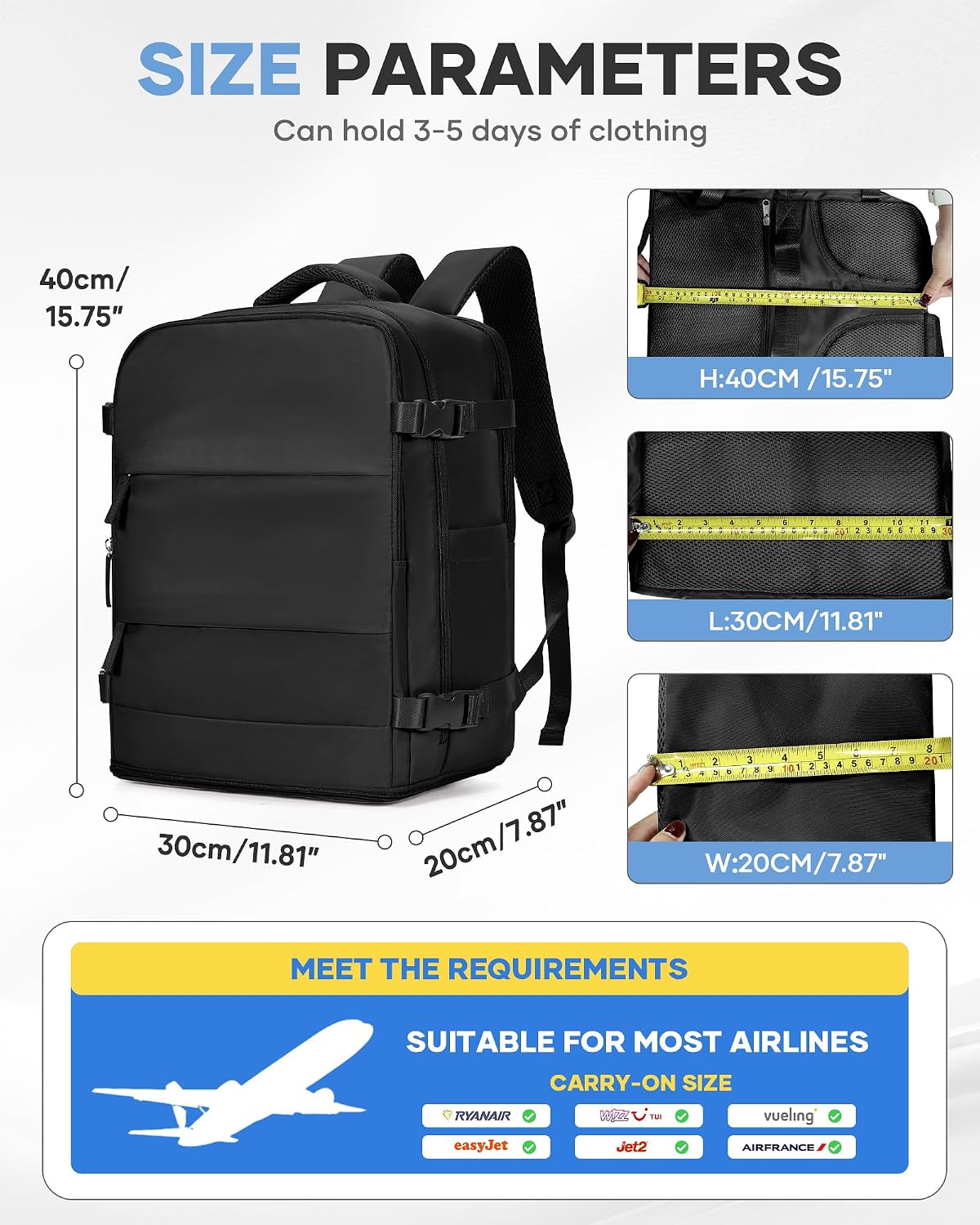 Thumbnail 2 de BJLFS Mochila de cabina 40x30x20 para avión (Ryanair, Wizzair) con bolsillo portátil de 17" y compartimento seco/húmedo, negra