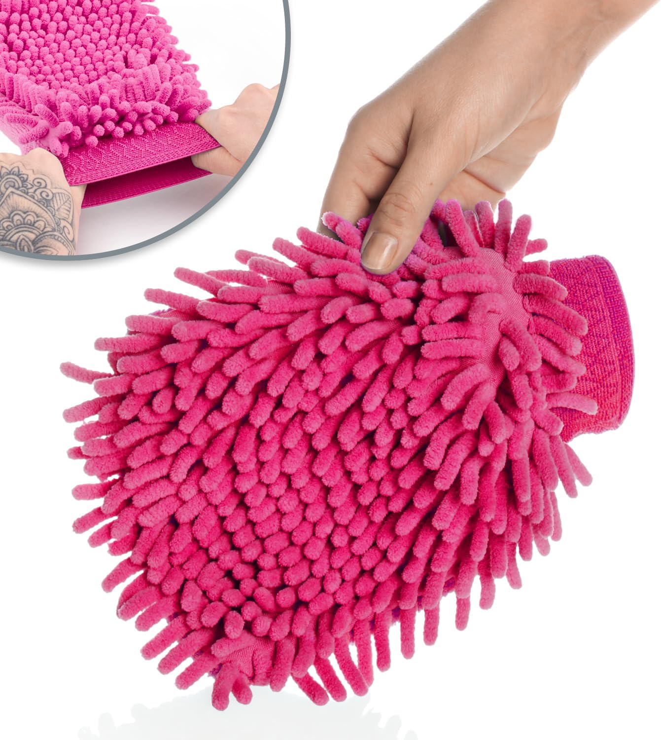 Thumbnail 4 de com-four® 3x Guanto da lavaggio per auto e casa in microfibra – set da 3 pezzi (verde neon, blu, rosa)