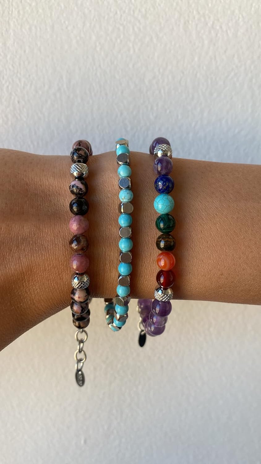 Detalle de Set di 3 Bracciali in acciaio inox e pietre dure naturali – Made in Italy, regolabili